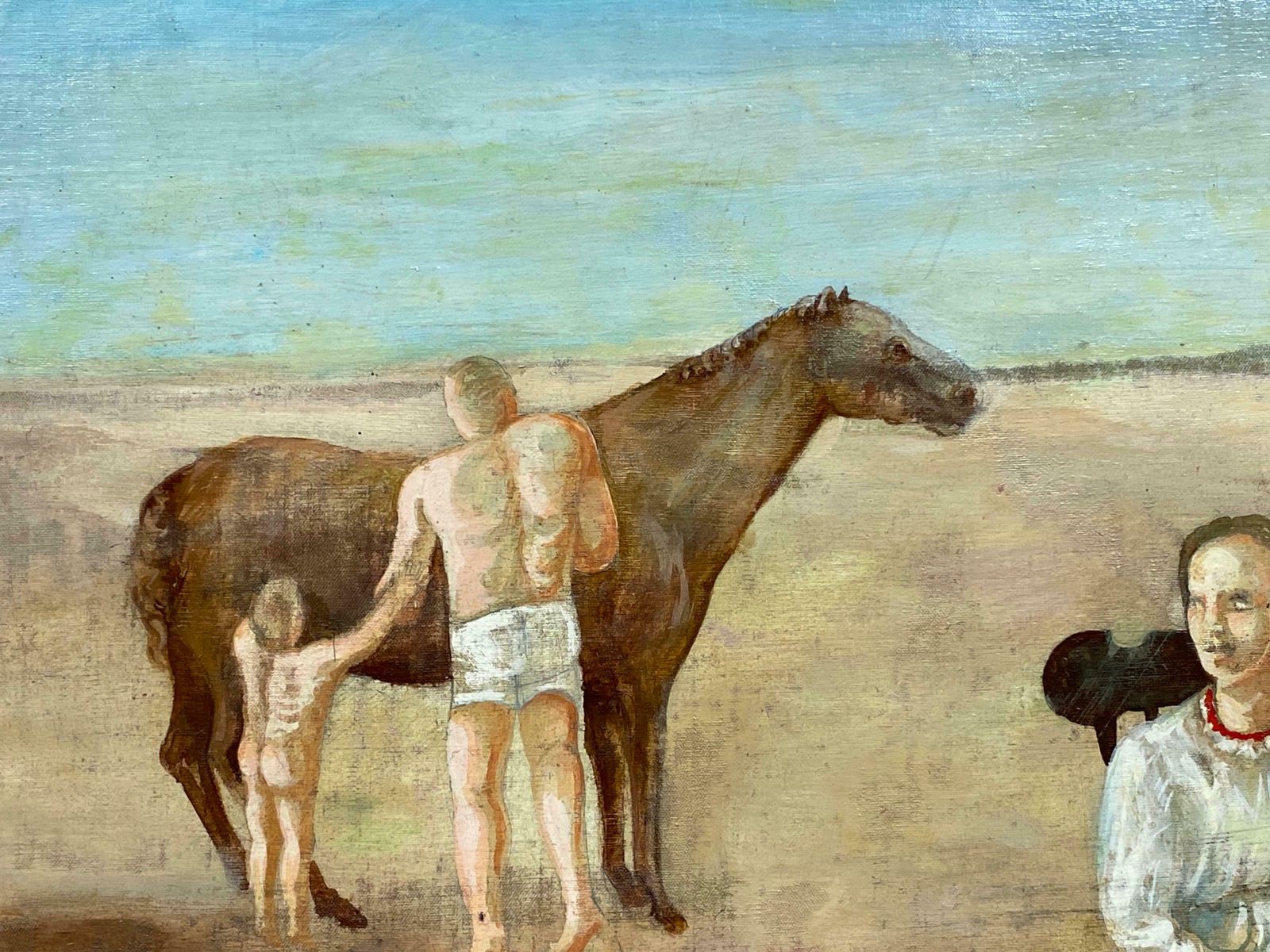 Andresfrench Surrealist Oil Painting Figurative Scene Family With Horse Landscapec. 1970s photo for sale