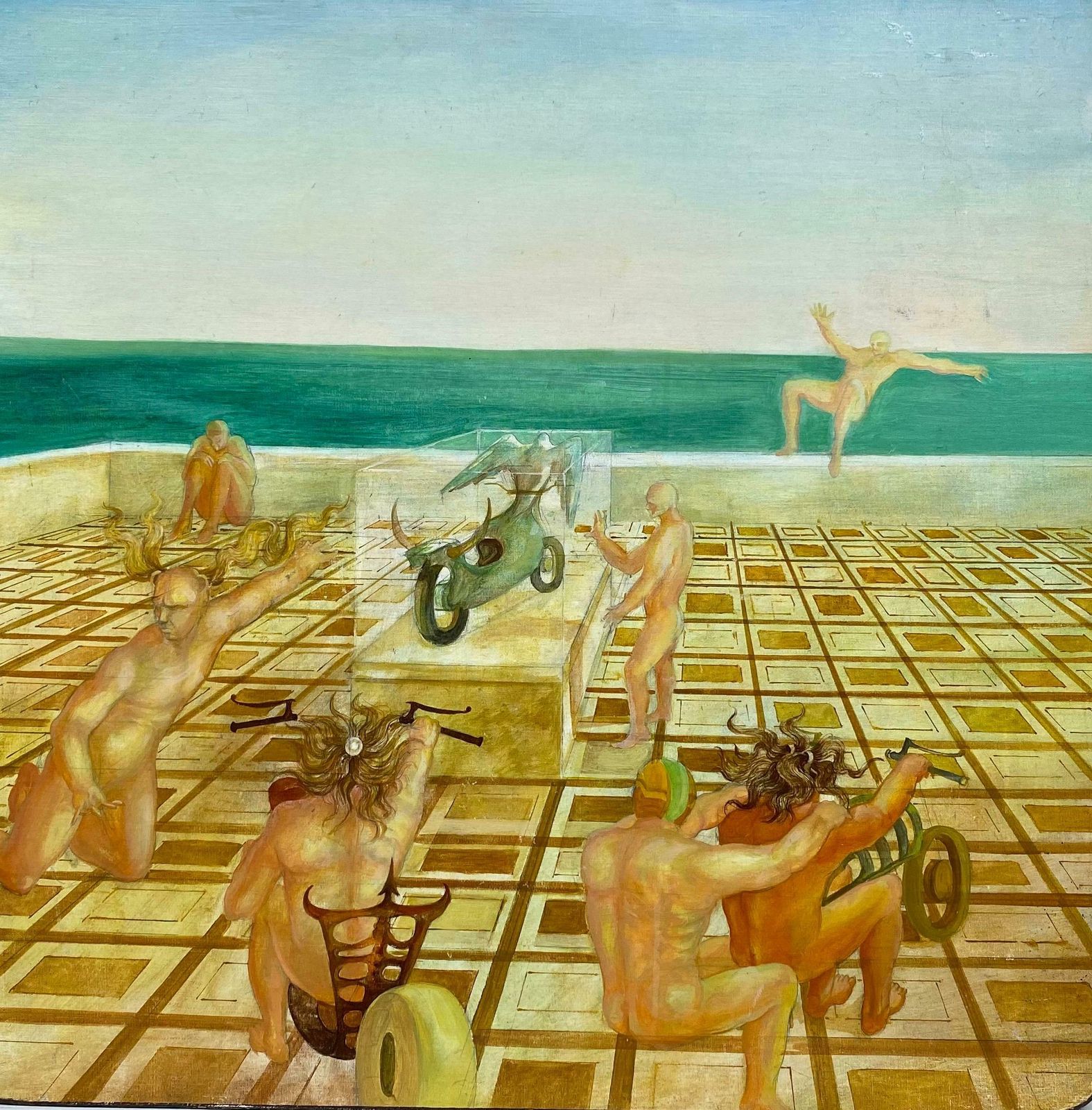 Andresfrench Surrealist Oil Painting Figurative Scene Male Nudes In Desertc. 1970s photo furniture