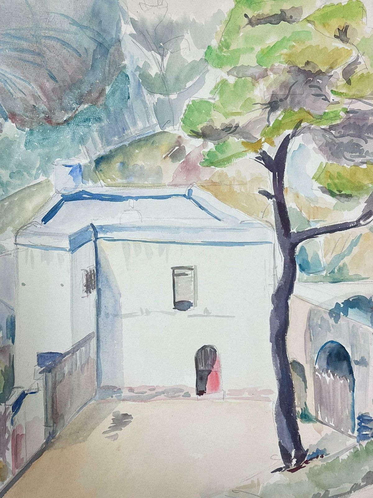 Guy Nicod Mid 20th Century French Post Impressionist Watercolor Provencal White Chateau photo for sale