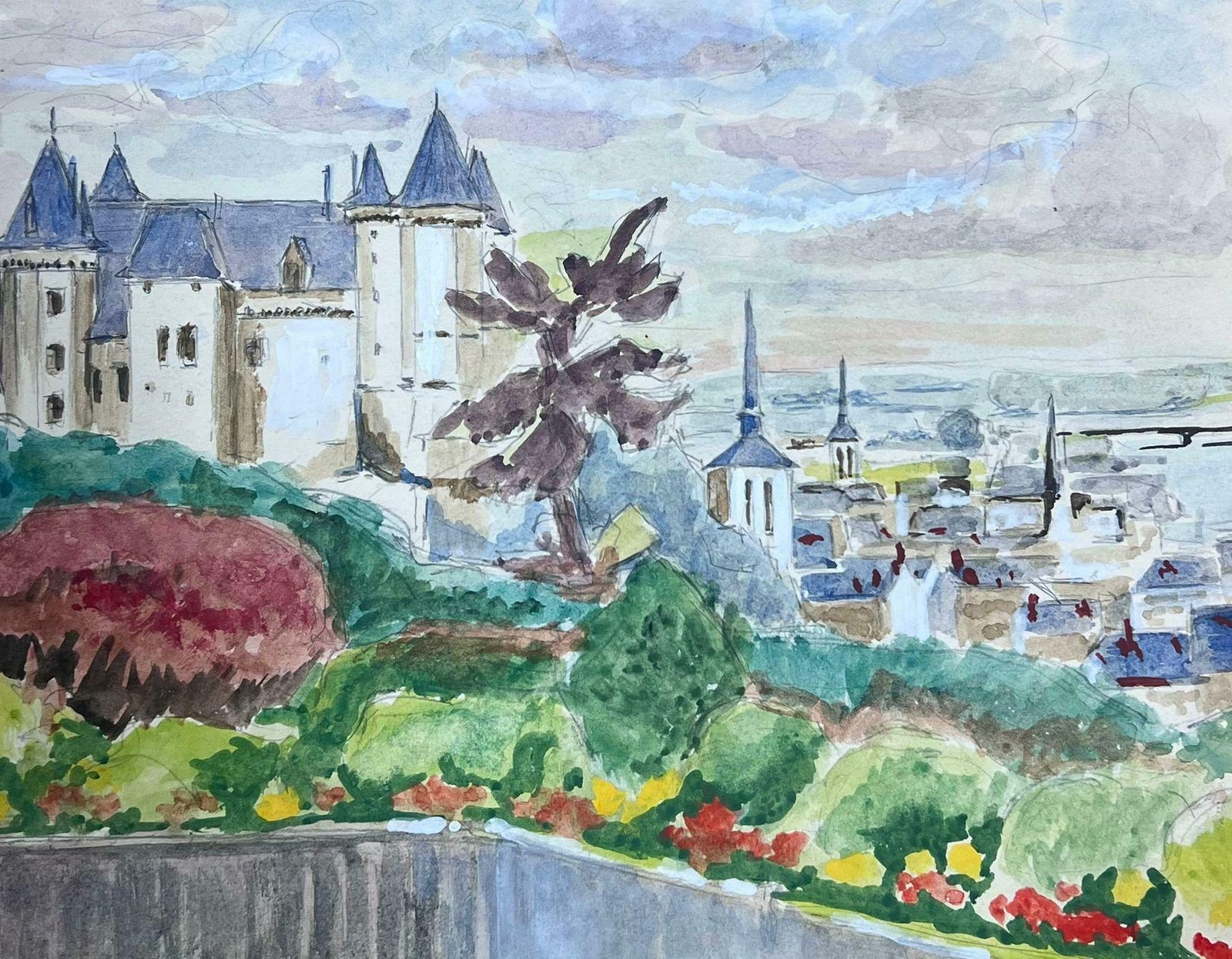 Guy Nicod 20th Century French Modernist Painting Castle Overlooking French Town photo Art