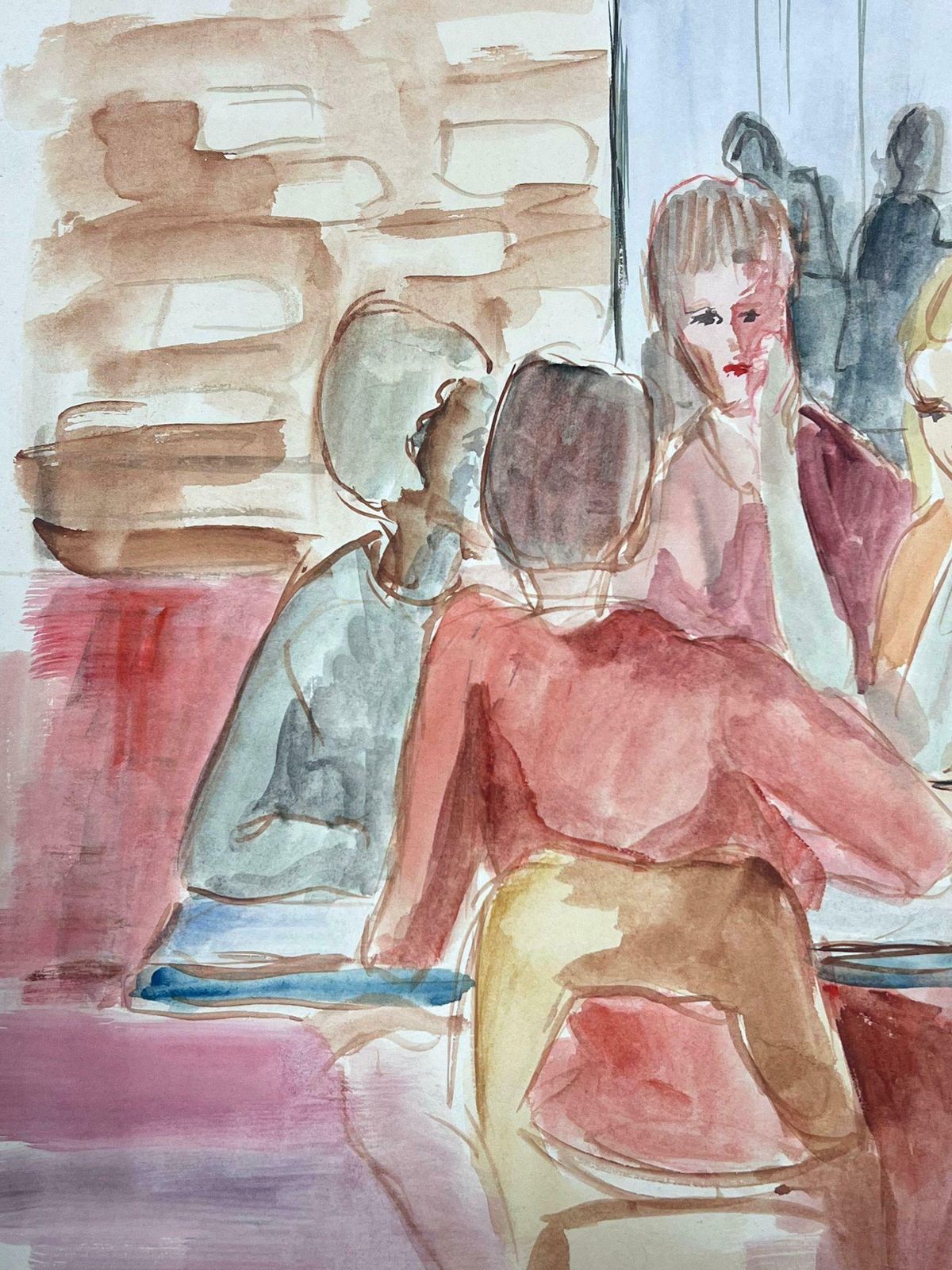Guy Nicod French 20th Century Modernist Painting Female Figures Gossiping Watercolour photo Art