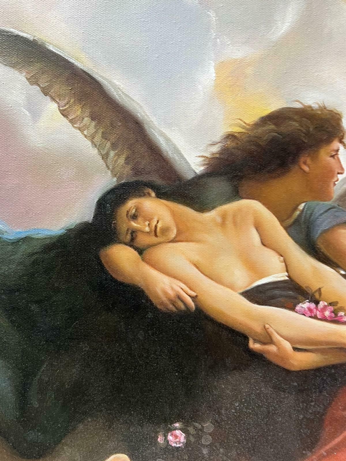 Classicallarge Mythological Classical Oil Painting Winged Angels With Naked Figure In Sky photo vintage