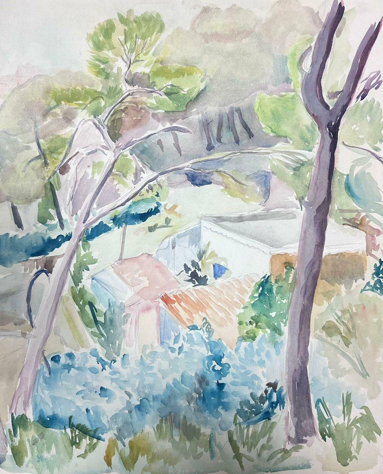 Guy Nicod Mid 20th Century French Post Impressionist Watercolor Provencal Village