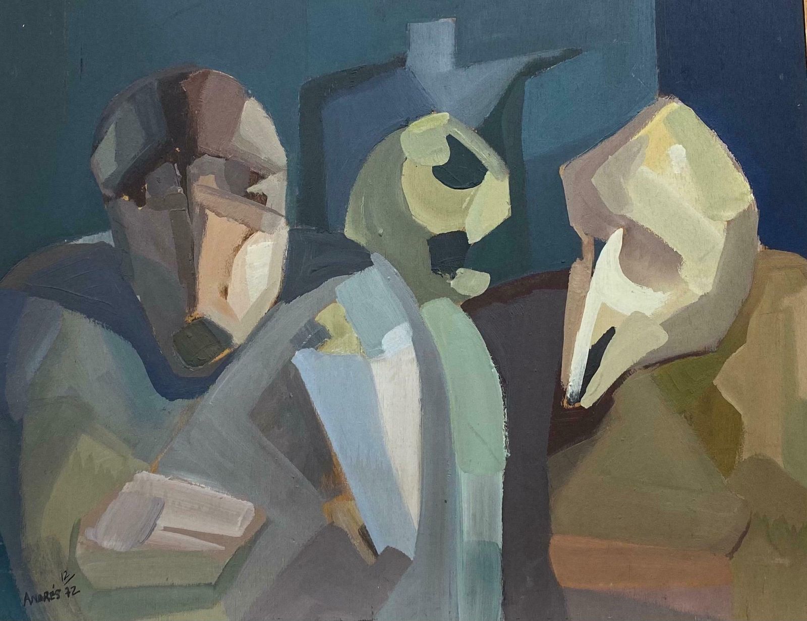 Andresfrench Surrealist Oil Painting Abstract Figurative Scene C. 1970s