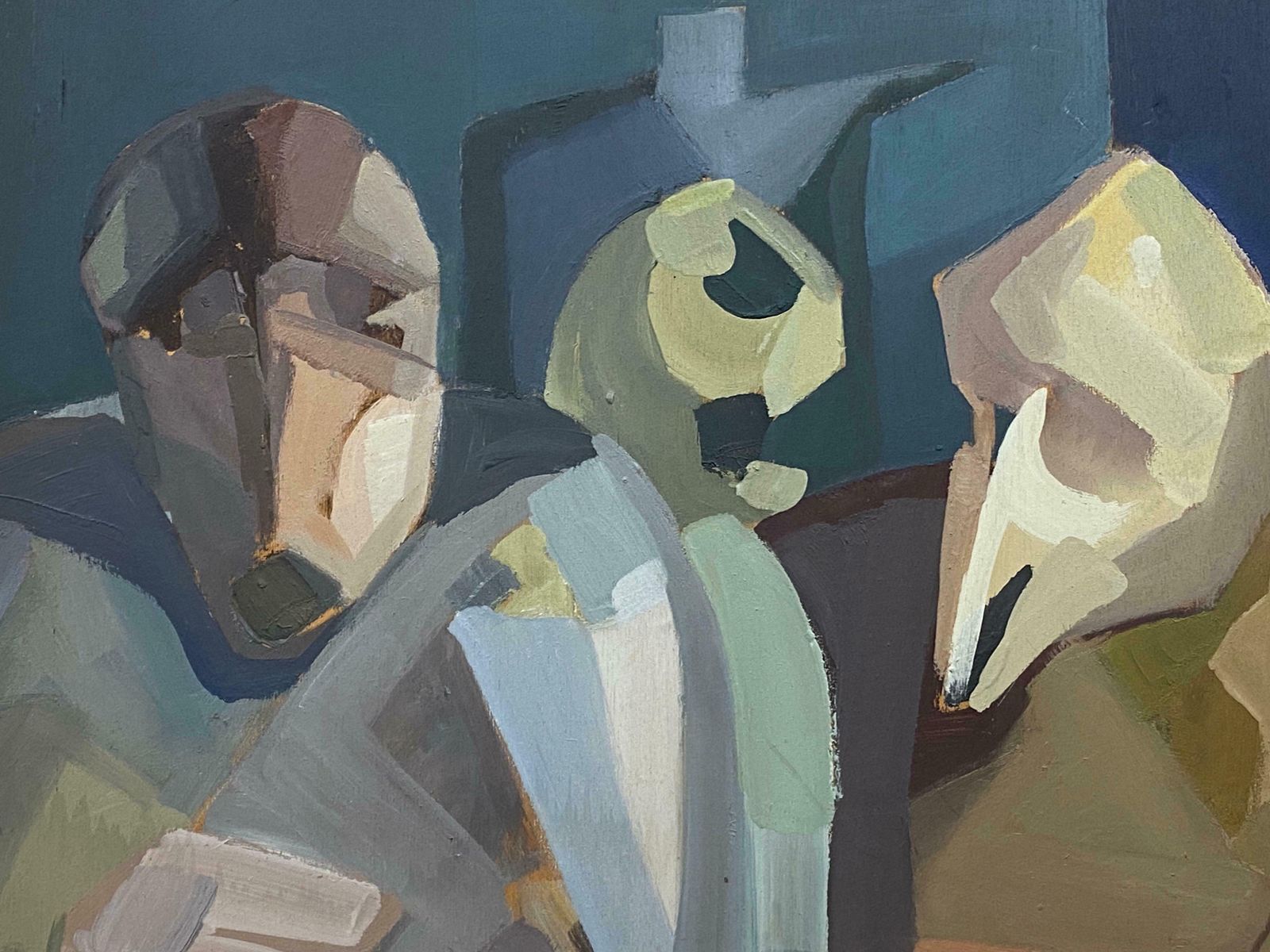 Andresfrench Surrealist Oil Painting Abstract Figurative Scene C. 1970s photo furniture