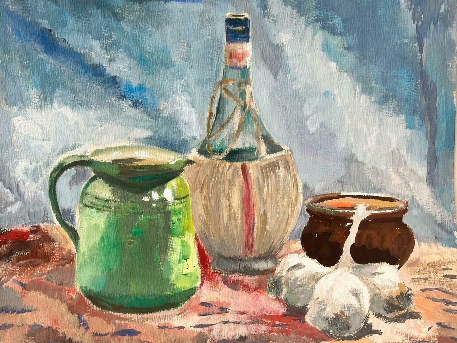 Josine Vignon1960's French Post Impressionist Oil Still Life Garlic & Wine On Table1960's photo furniture