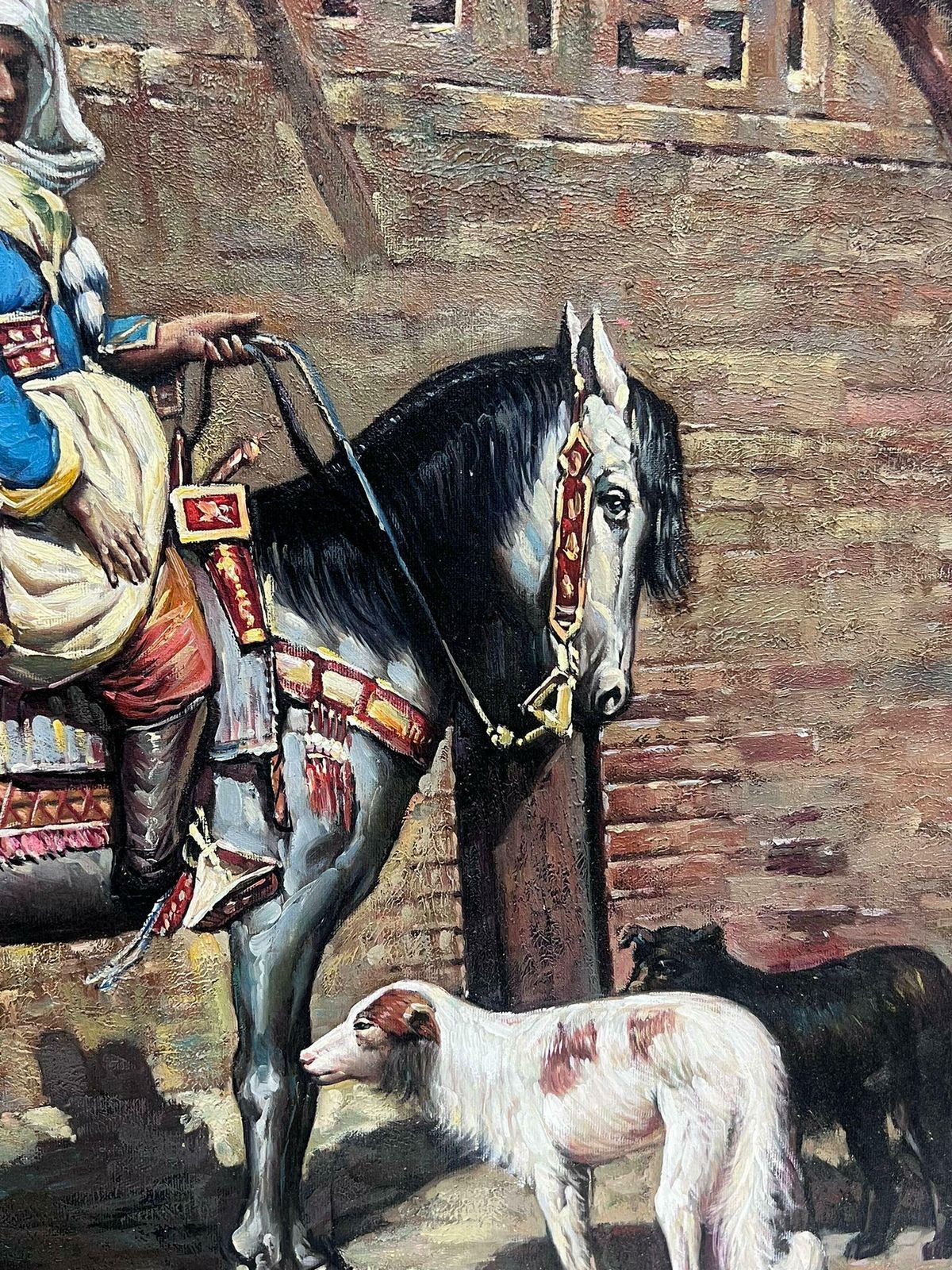 European Artistnorth African Orientalist Scene Man On Horseback With Dogs Outside City Building photo vinterior