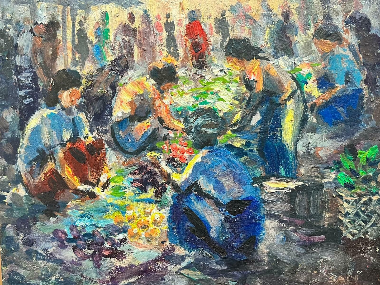 French School Mid 20th Century French Impressionist Oil Fruit & Vegetable Sellers Busy Market