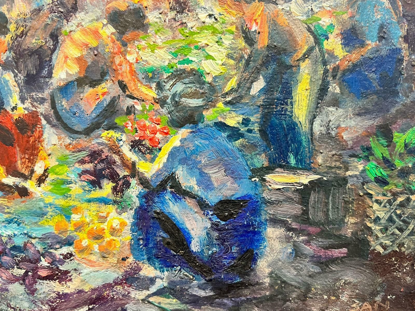 French School Mid 20th Century French Impressionist Oil Fruit & Vegetable Sellers Busy Market photo for sale