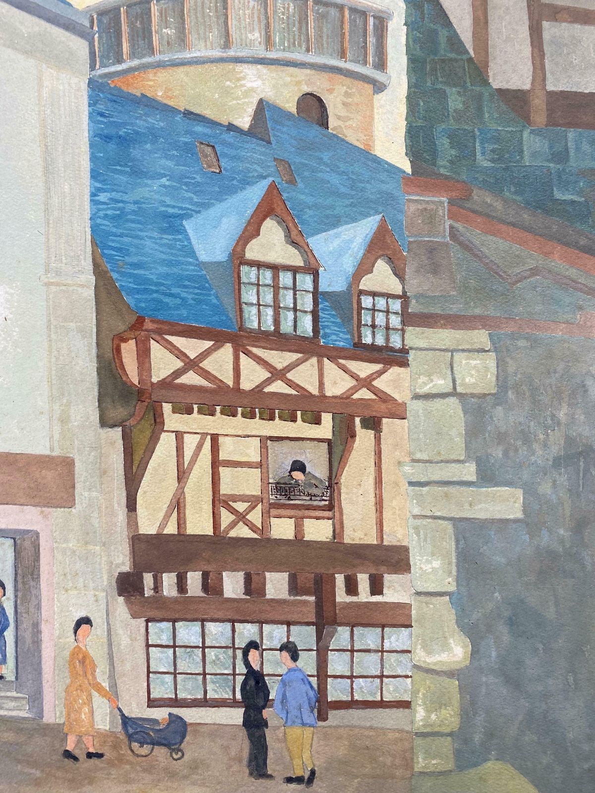 Bernard Labbe1950's Modernist Signed Painting    Figures In French Town1950's photo for sale