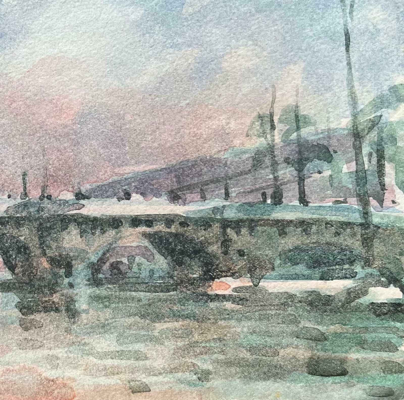 Maurice Mazeiliefrench Impressionist Watercolor Of Parisian Bridge At Sunset20th Century photo 235.0