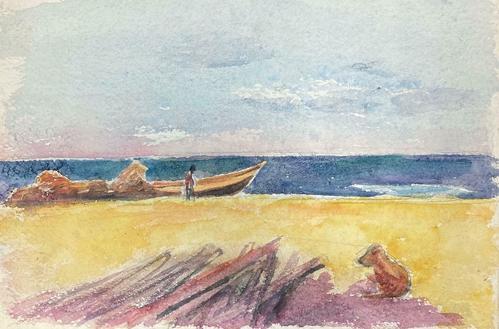 Akos Birofigure On Sandy Beach Boat & Dog, French Expressionist Original Paintingc.1980s