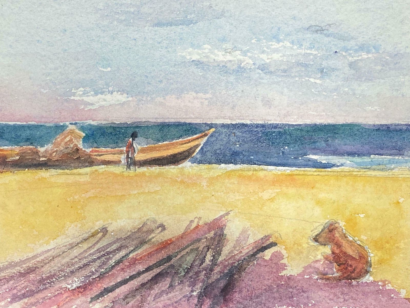 Akos Birofigure On Sandy Beach Boat & Dog, French Expressionist Original Paintingc.1980s photo furniture