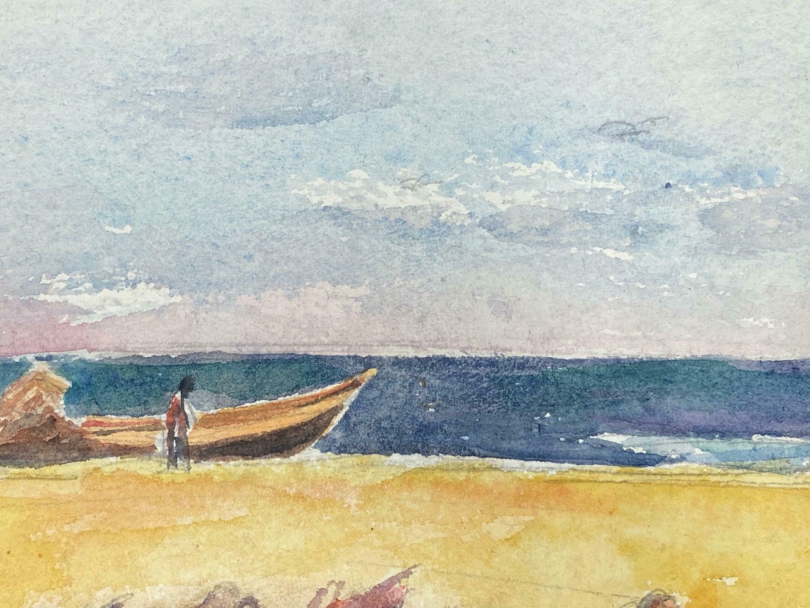 Akos Birofigure On Sandy Beach Boat & Dog, French Expressionist Original Paintingc.1980s photo buy