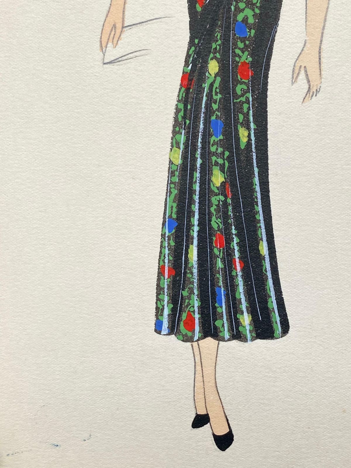 Unknown1930's Original Parisian Fashion Illustration Watercolor Black Oriental Dressc. 1930's photo Art