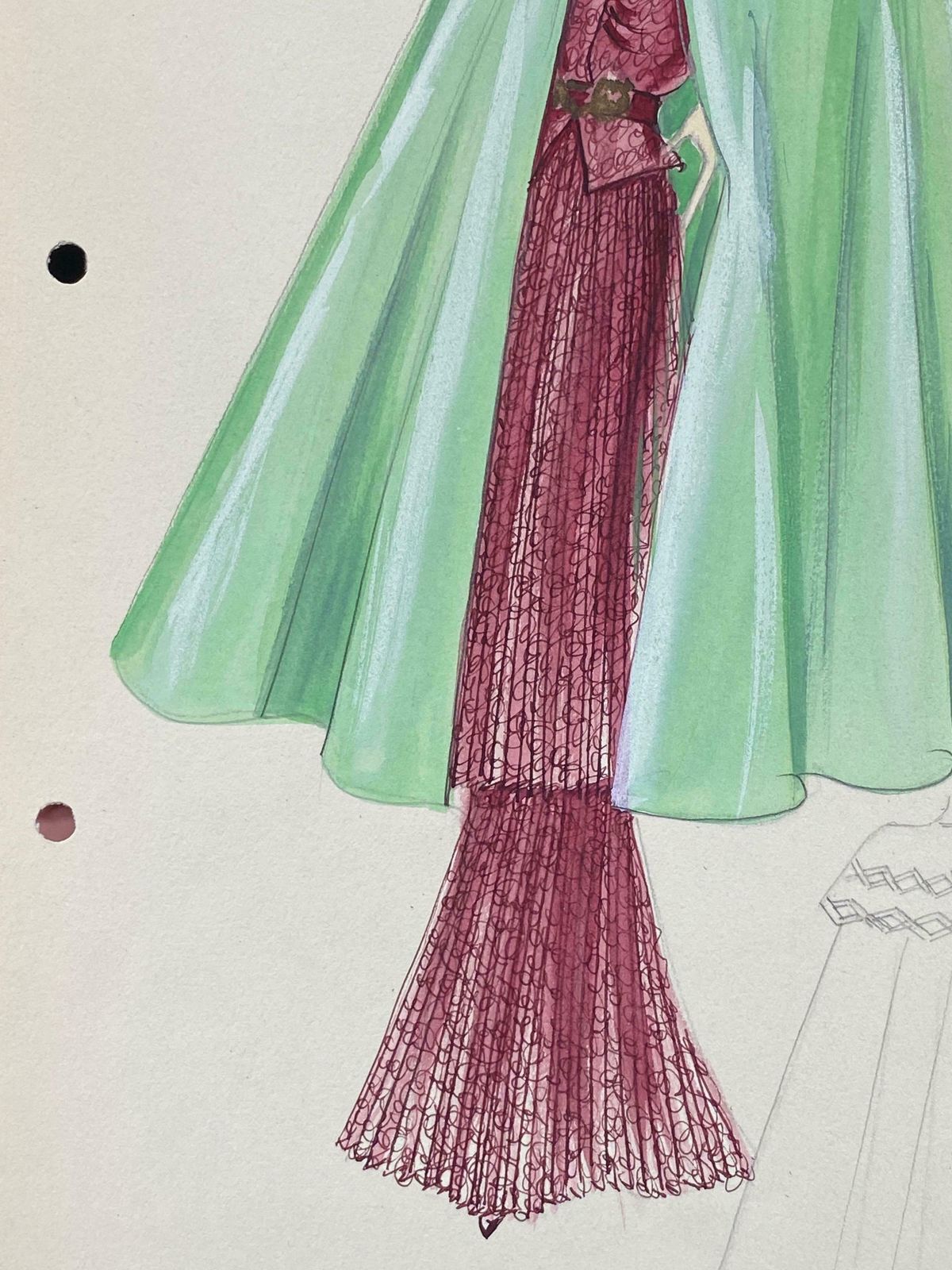 Unknown1930's Original Parisian Fashion Watercolor Burgandy Dress With Green Capec. 1930's photo Art