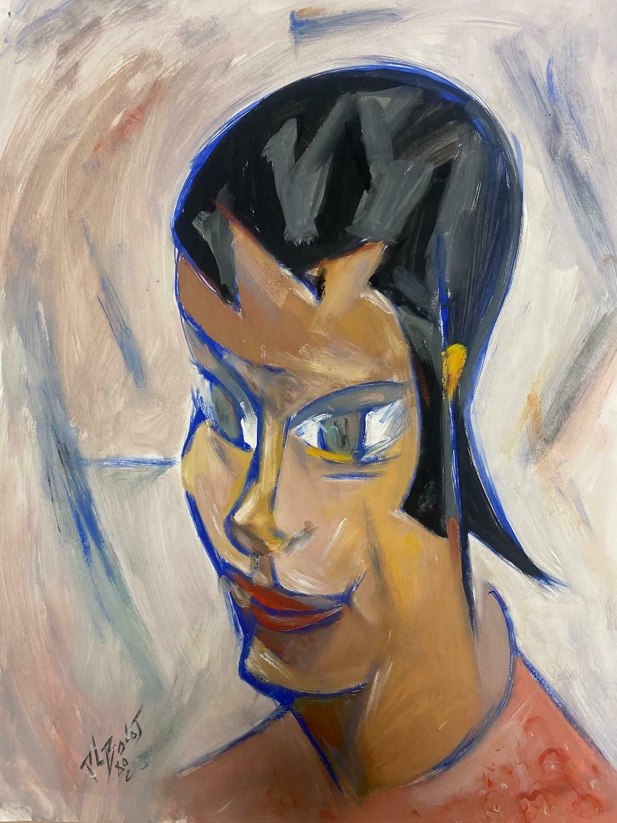 Unknown20th Century French Modernist Gouache Painting Portrait Of Sophisticated Woman 1980