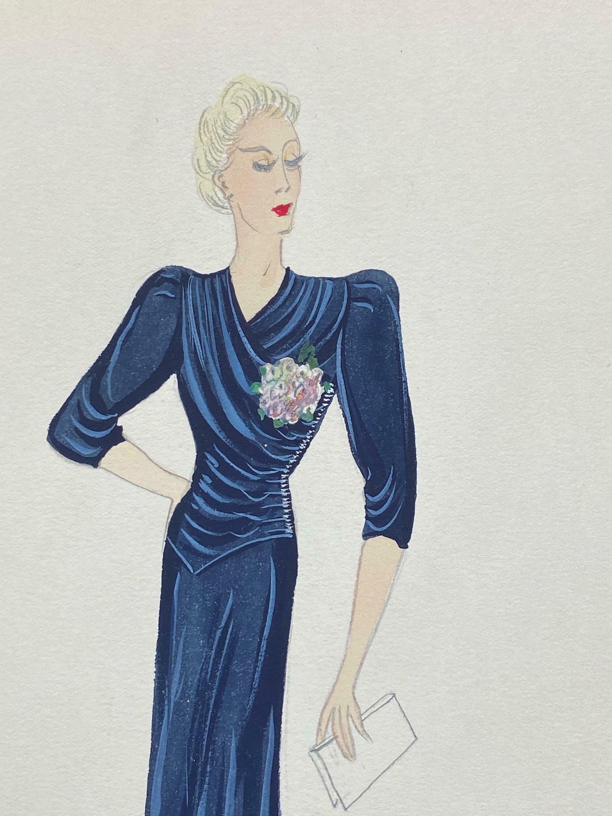 Unknown1930's Original Parisian Fashion Design Illustration Watercolor Elegant Ladyc. 1930's photo Art