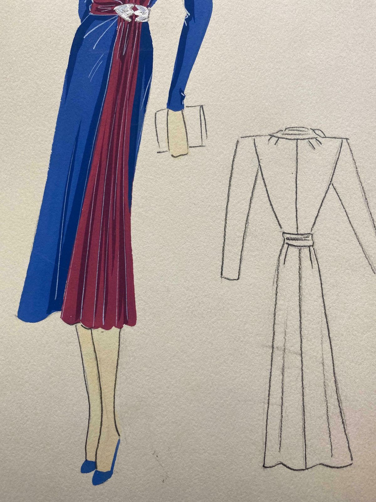 Unknown1930's Original Parisian Fashion Illustration Watercolor Pink And Blue Dressc. 1930's photo vinterior