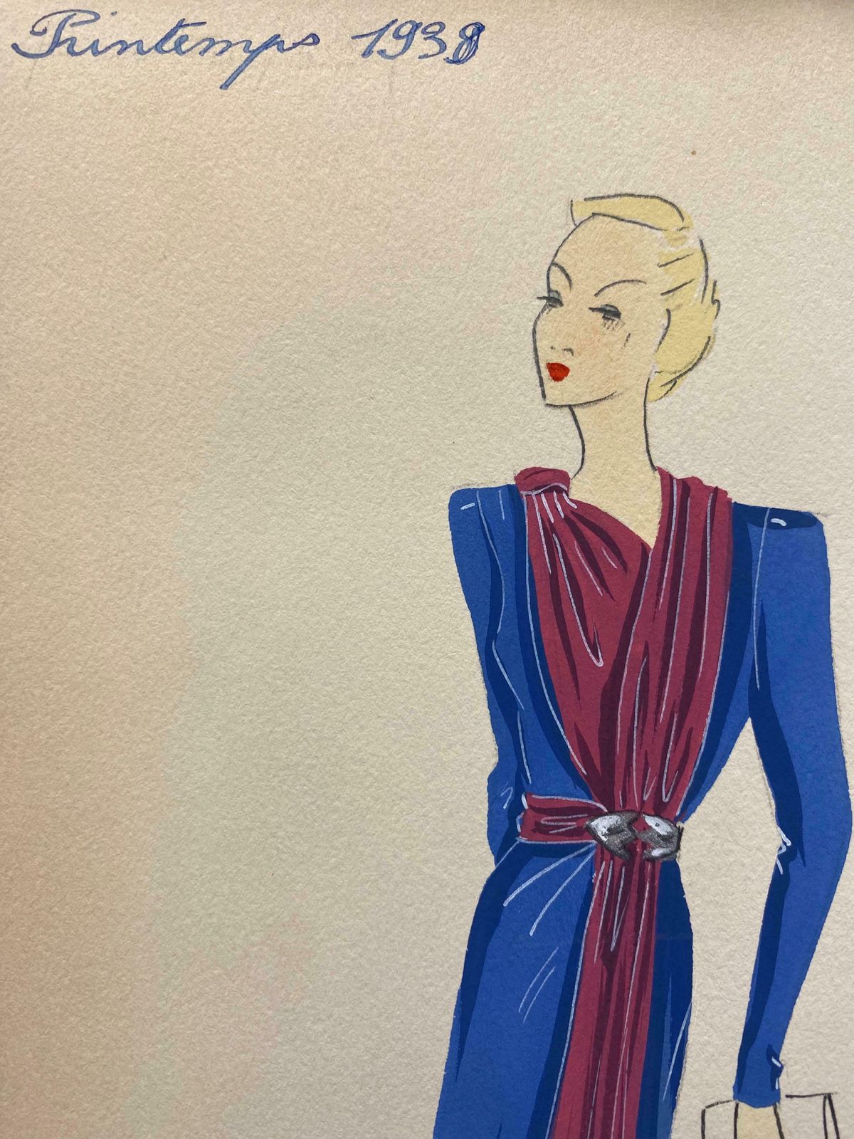 Unknown1930's Original Parisian Fashion Illustration Watercolor Pink And Blue Dressc. 1930's photo buy