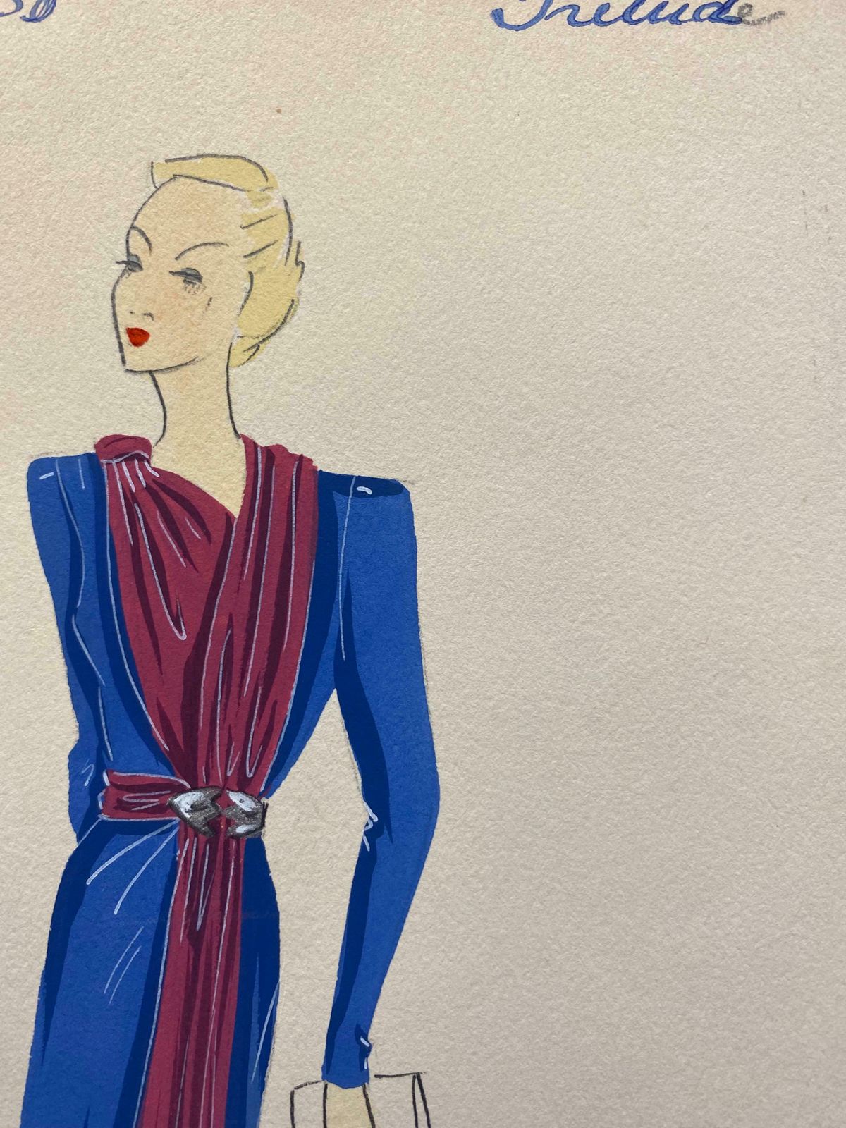 Unknown1930's Original Parisian Fashion Illustration Watercolor Pink And Blue Dressc. 1930's photo vintage