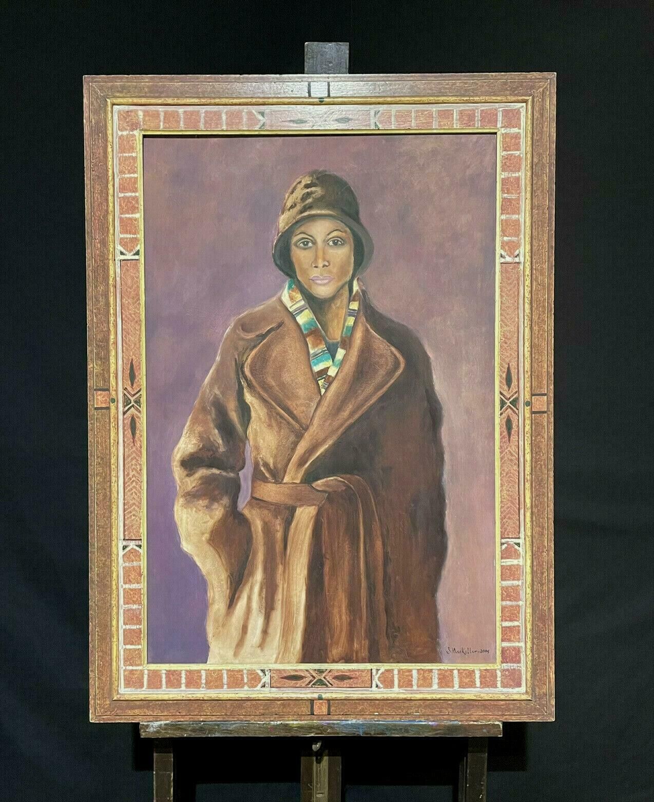 J. Mackeller Very Large Signed Oil Portrait Of Lady In Vintage Coat & Hat   Dated   Framed2005 photo furniture