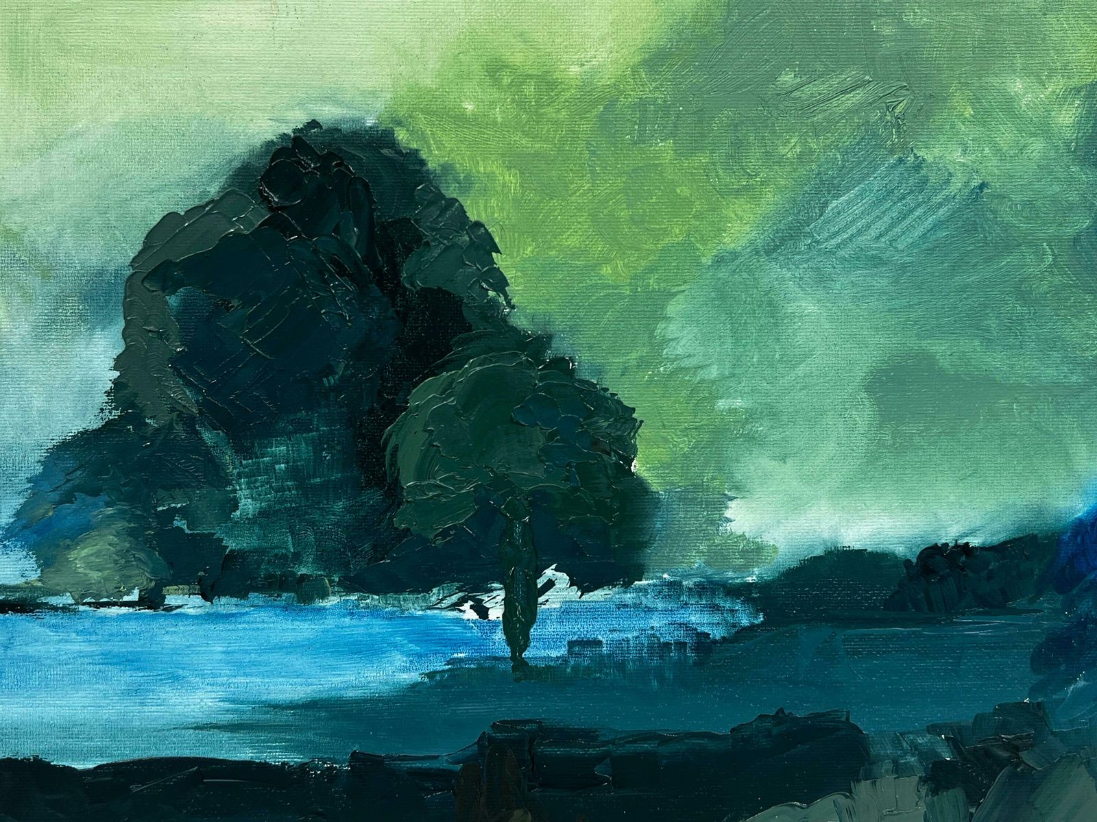 British Contemporaryatmospheric Moody Blue Landscape With Tree & Pond Brooding Skies, Modern Art photo furniture