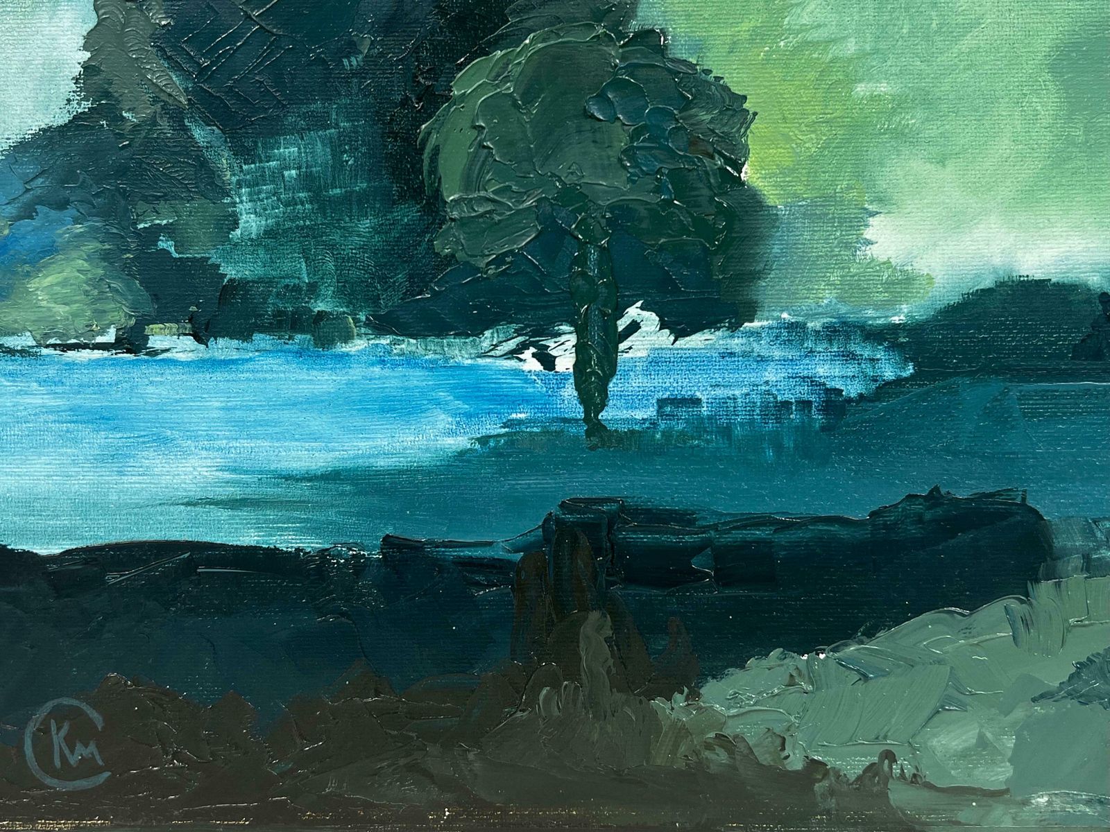 British Contemporaryatmospheric Moody Blue Landscape With Tree & Pond Brooding Skies, Modern Art photo 2043.0