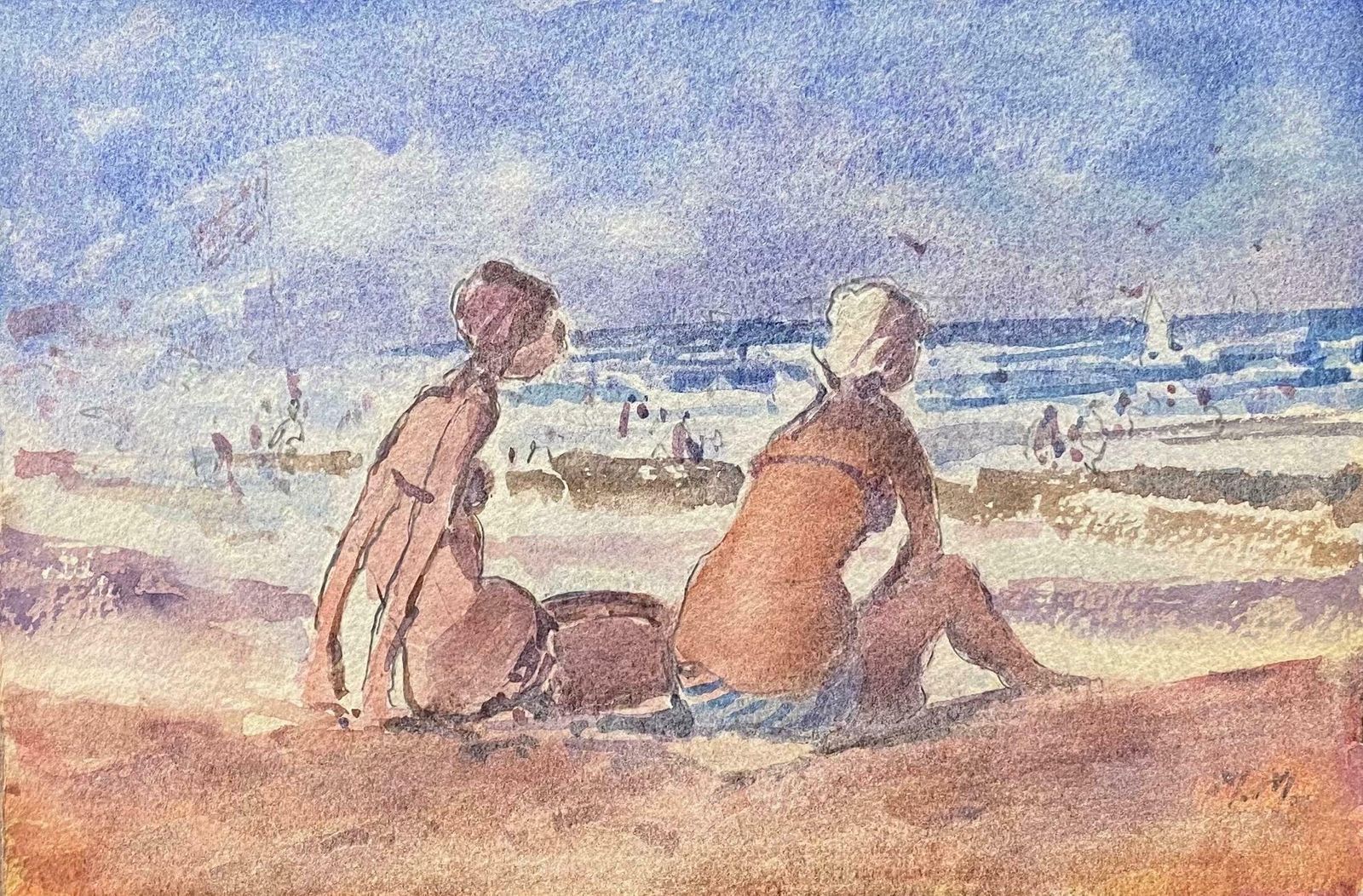 Maurice Mazeiliemaurice Mazeilie  French Impressionist Signed Watercolour   Girls Sunbathing photo for sale