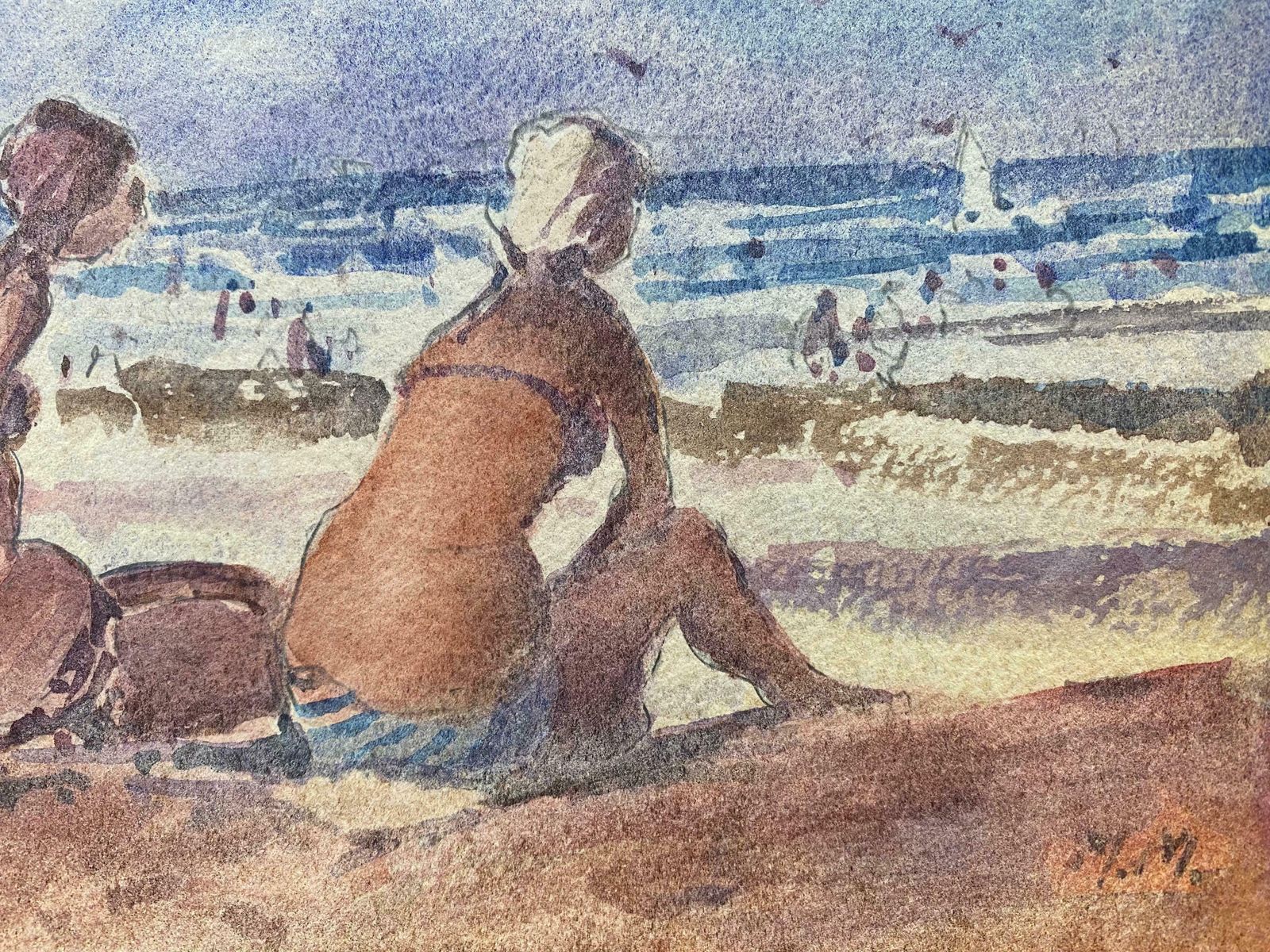 Maurice Mazeiliemaurice Mazeilie  French Impressionist Signed Watercolour   Girls Sunbathing photo 281.0