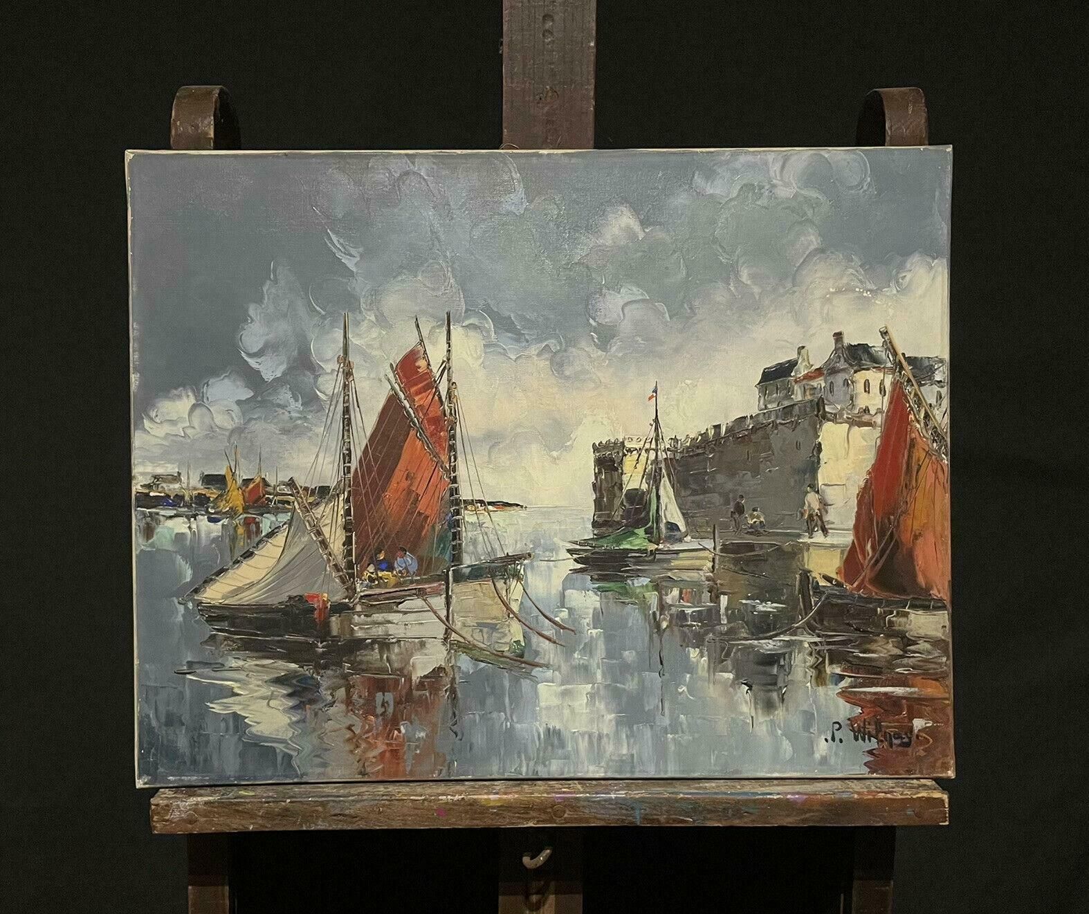 French School1950's French Signed Oil, Fishing Boats In Old Harbour Port photo furniture