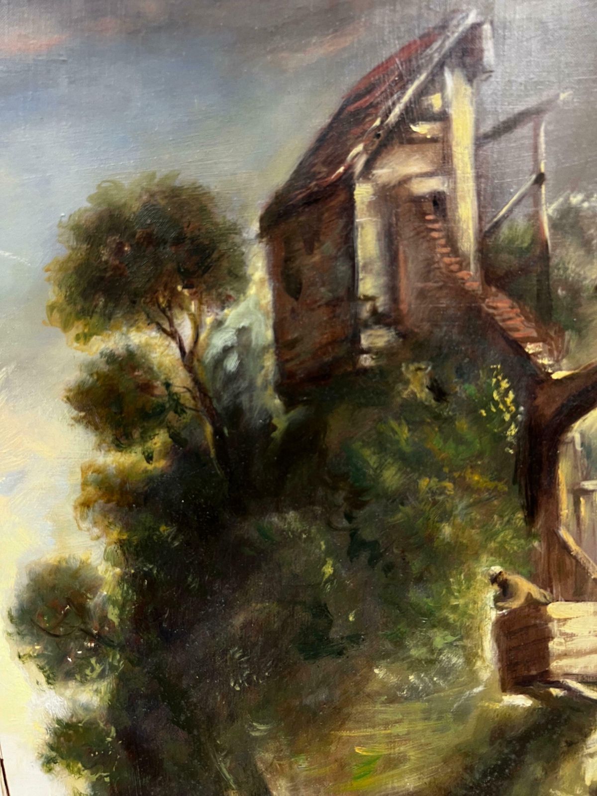 20th Century French Schoolfrench Oil Painting Tranquil River Scene With Ferry Boats Next To Old Buildings photo for sale