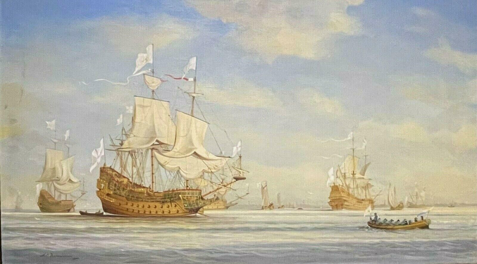 H. C. Arrowsmithlarge British Historical Maritime Oil Painting   17th Century Ships At Seac. 1948