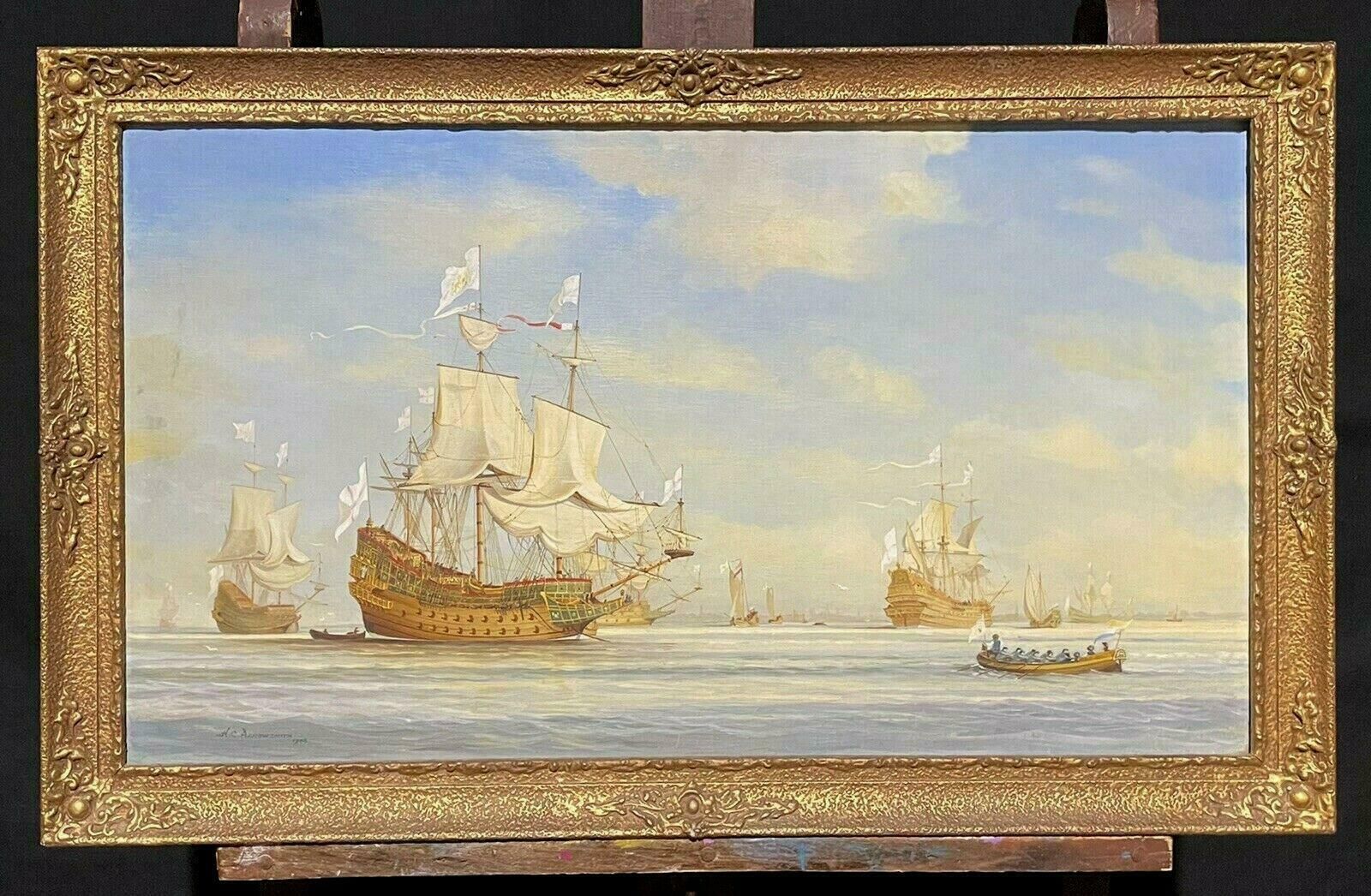 H. C. Arrowsmithlarge British Historical Maritime Oil Painting   17th Century Ships At Seac. 1948 photo furniture