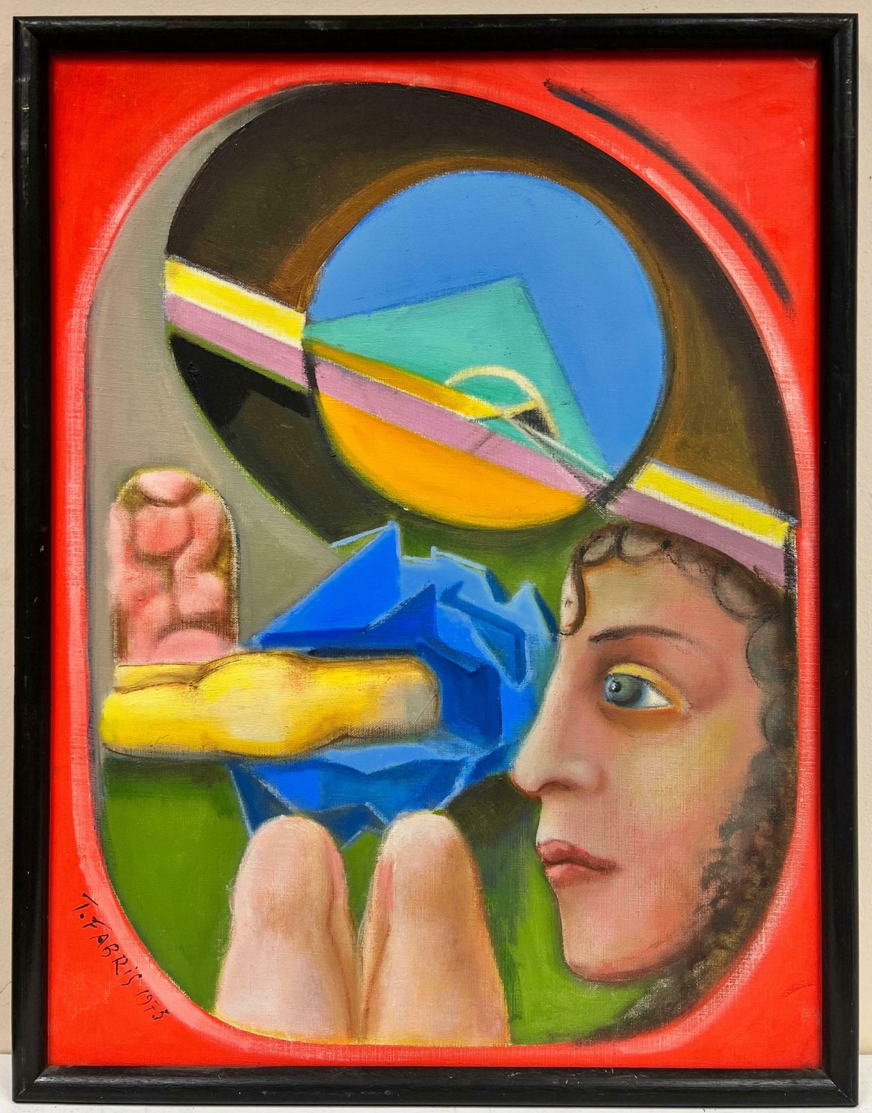 T. Fabris1970's French Surrealist Signed Oil Figurative Abstract Amazing Colors1973 photo furniture