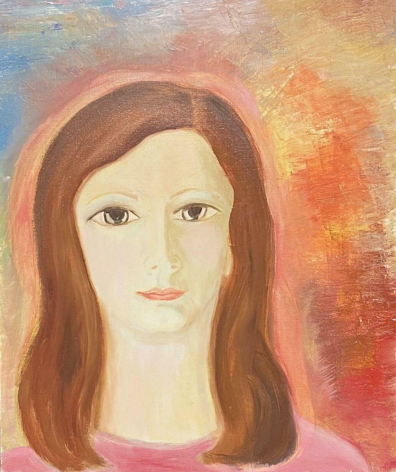 French Artist1970's French Oil Painting   Head & Shoulders Portrait Young Lady Pink & Orangec. 1970's