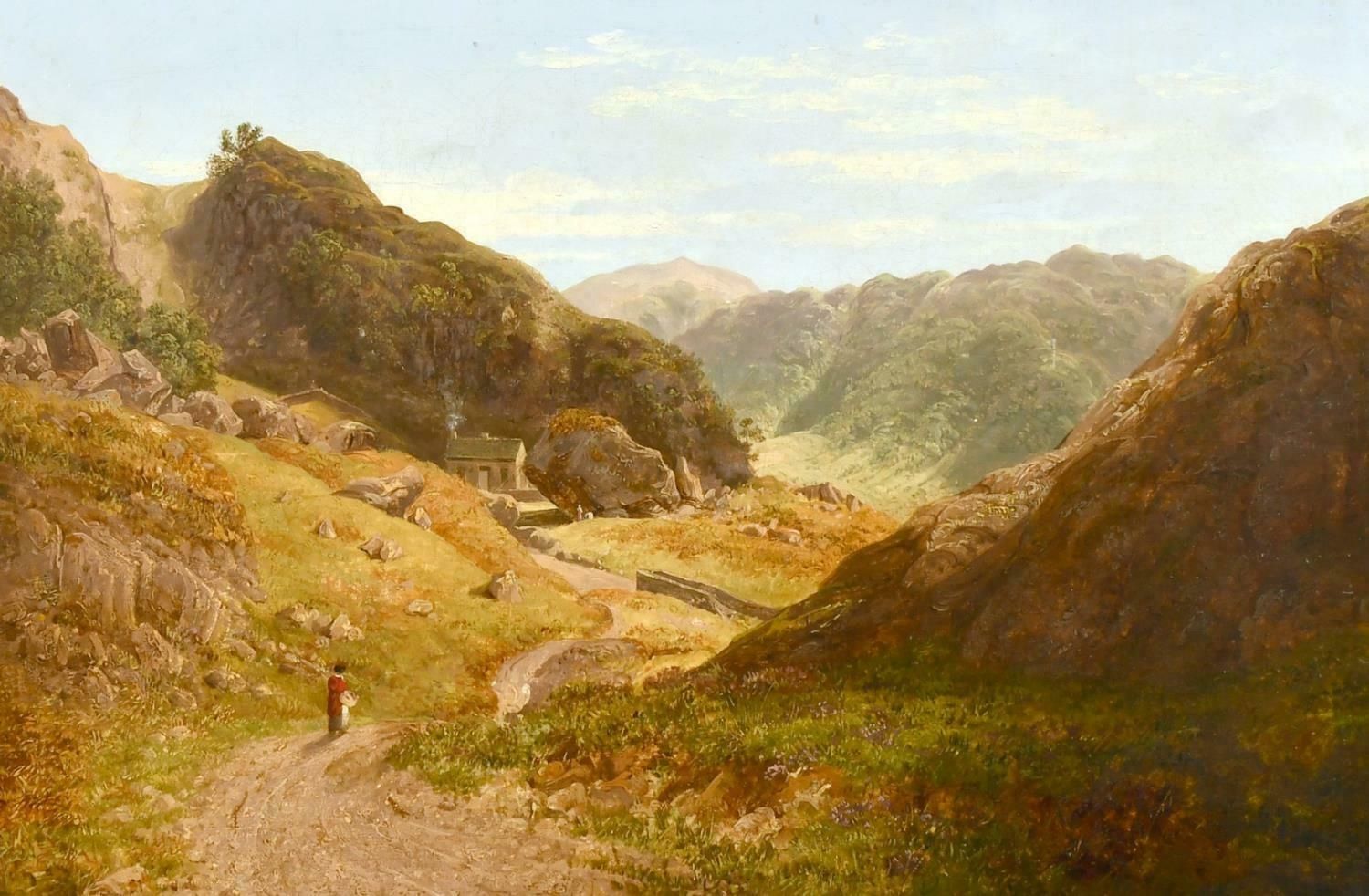 Fine Victorian Oil Painting   Borrowdale Lake District Landscape Valley Figurec. 1850's