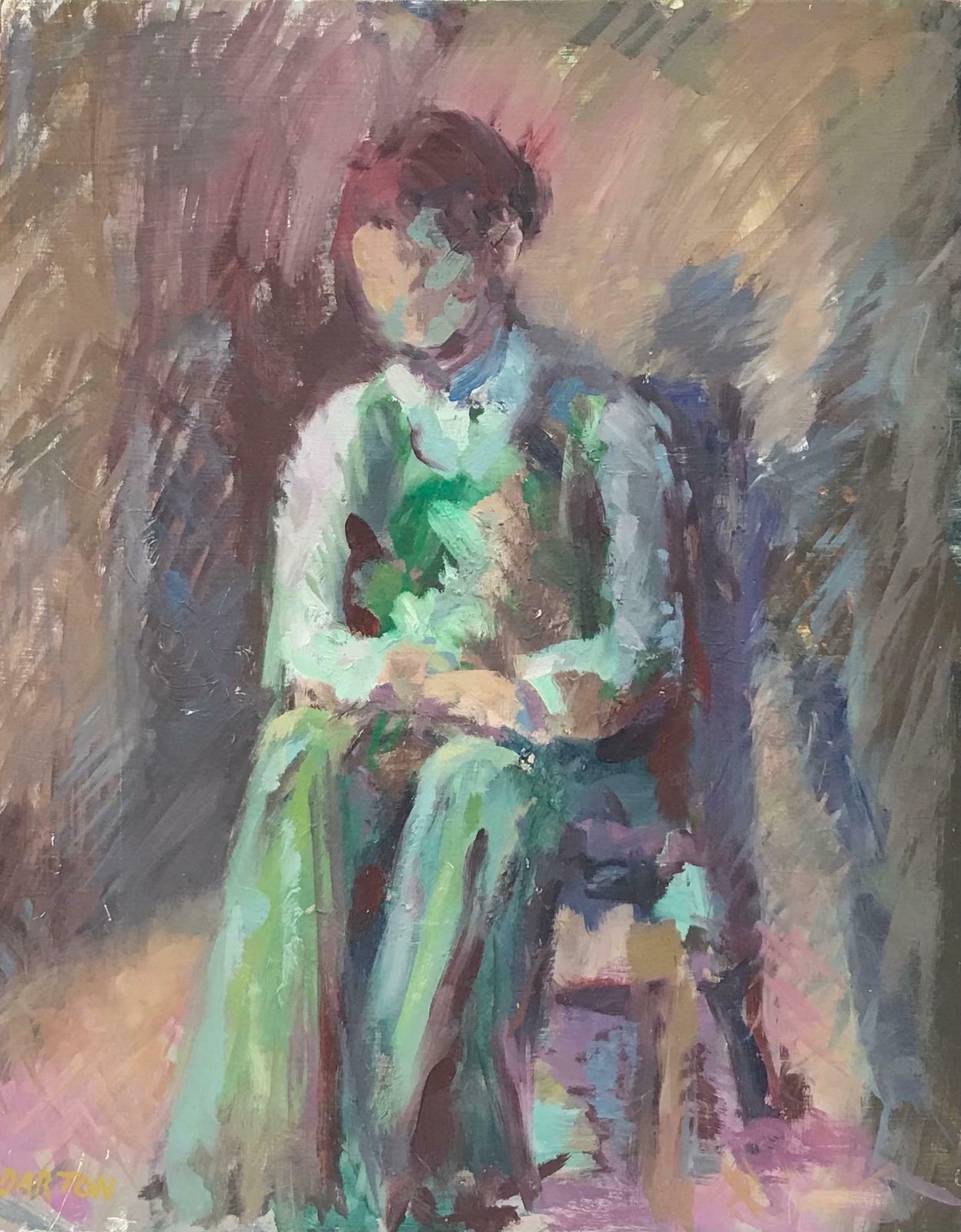 Beryl Darton 1960's British Original Impressionist Oil Painting Figure On Chair In Greenc. 1960's