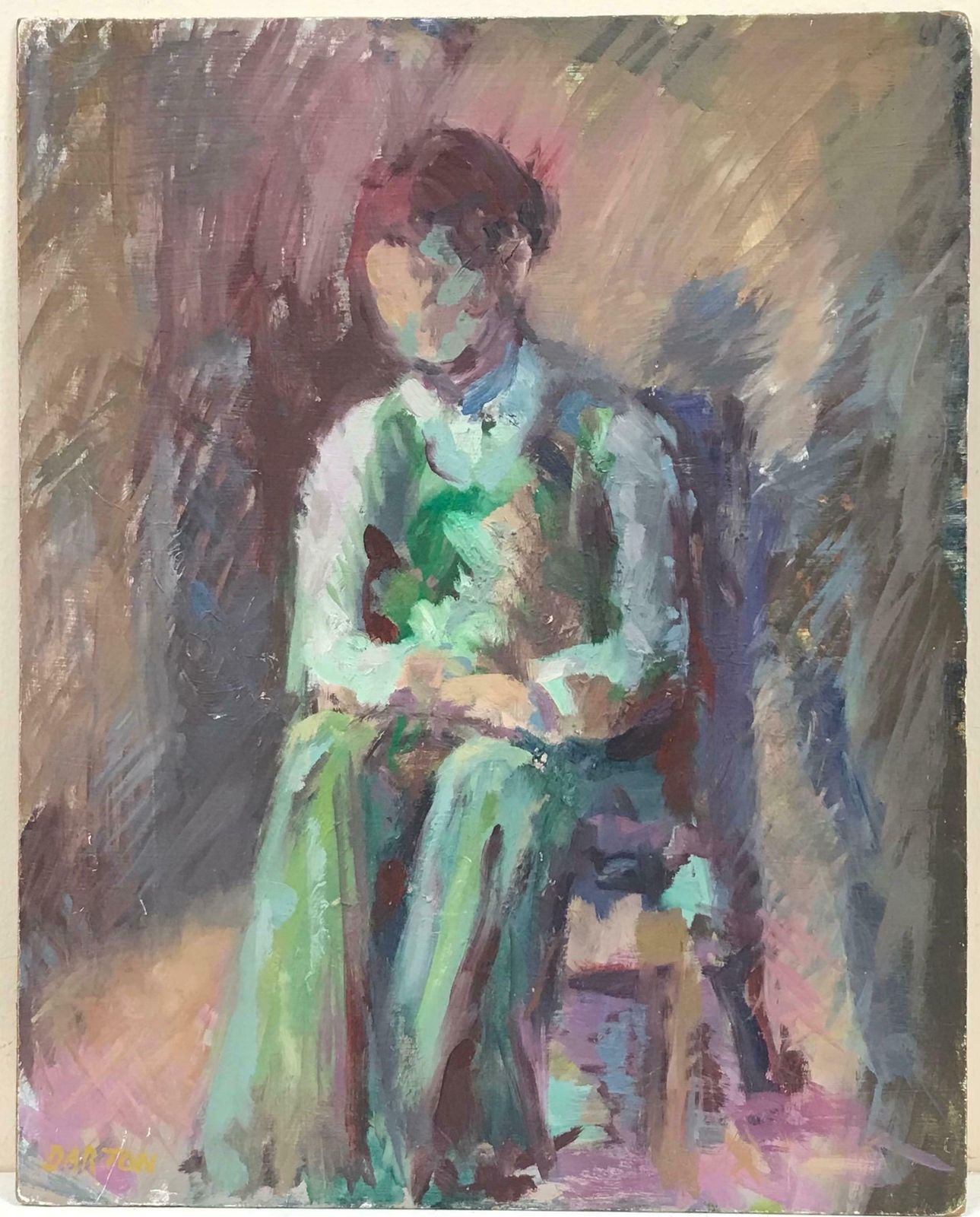 Beryl Darton 1960's British Original Impressionist Oil Painting Figure On Chair In Greenc. 1960's photo furniture