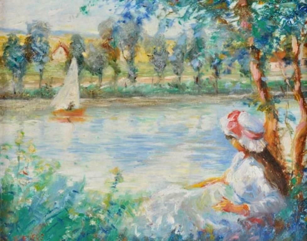 Jeanette Leuersfrench Impressionist Oil Girl By A River Signed Oilc.1980 photo furniture