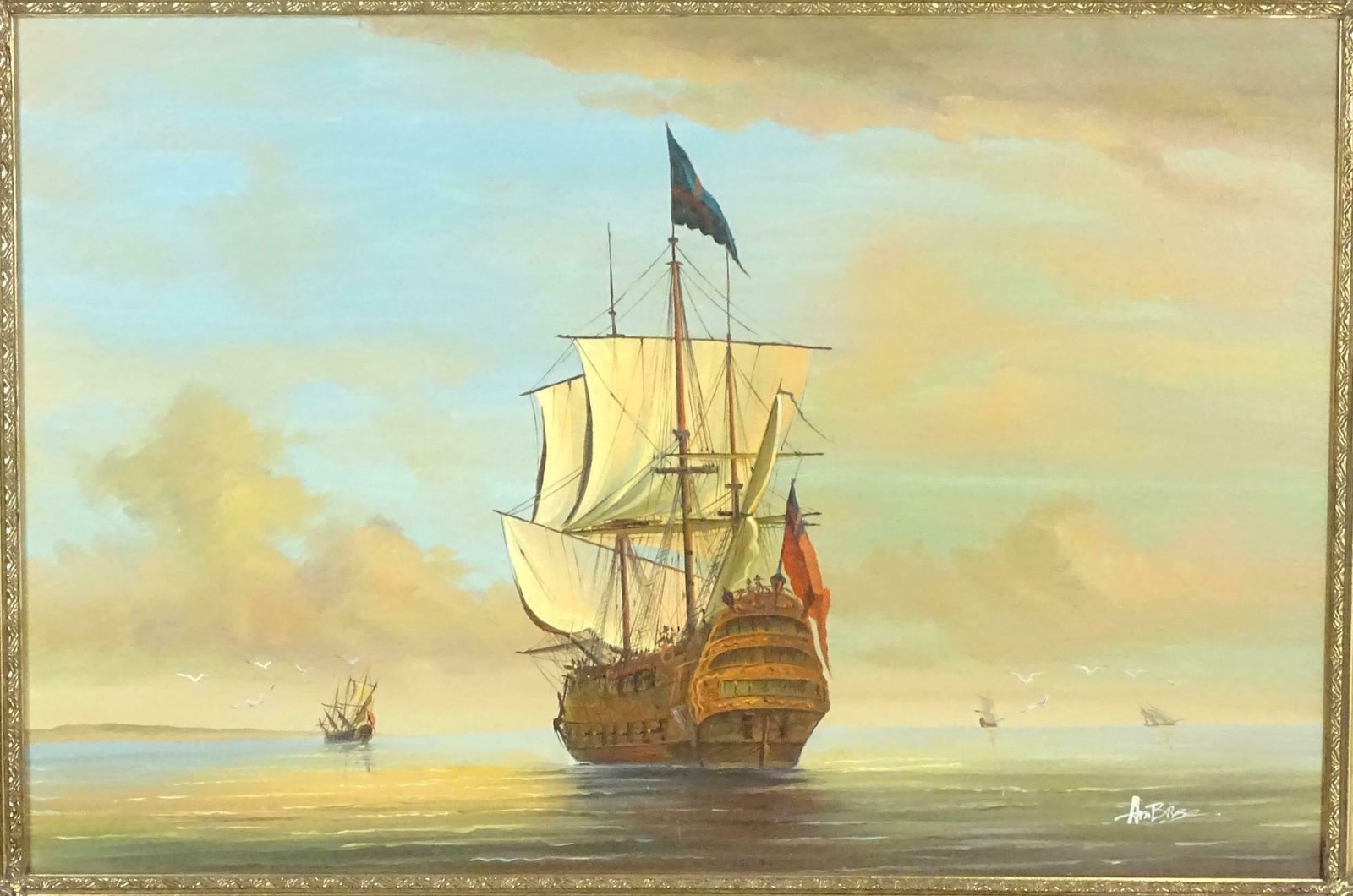 Continental Schoolvery Large Oil Painting Napoleonic Wars Ship Anchored In The Sunrise Sea20th Century photo furniture