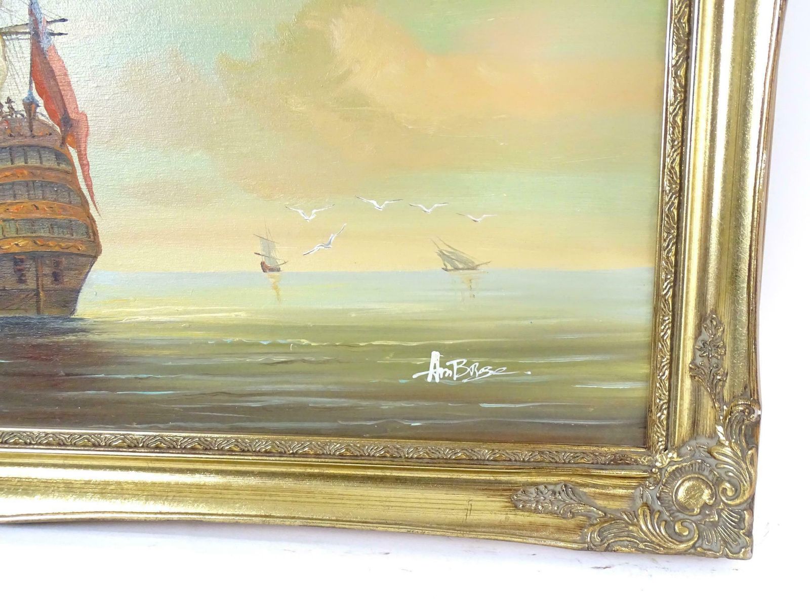 Continental Schoolvery Large Oil Painting Napoleonic Wars Ship Anchored In The Sunrise Sea20th Century photo for sale