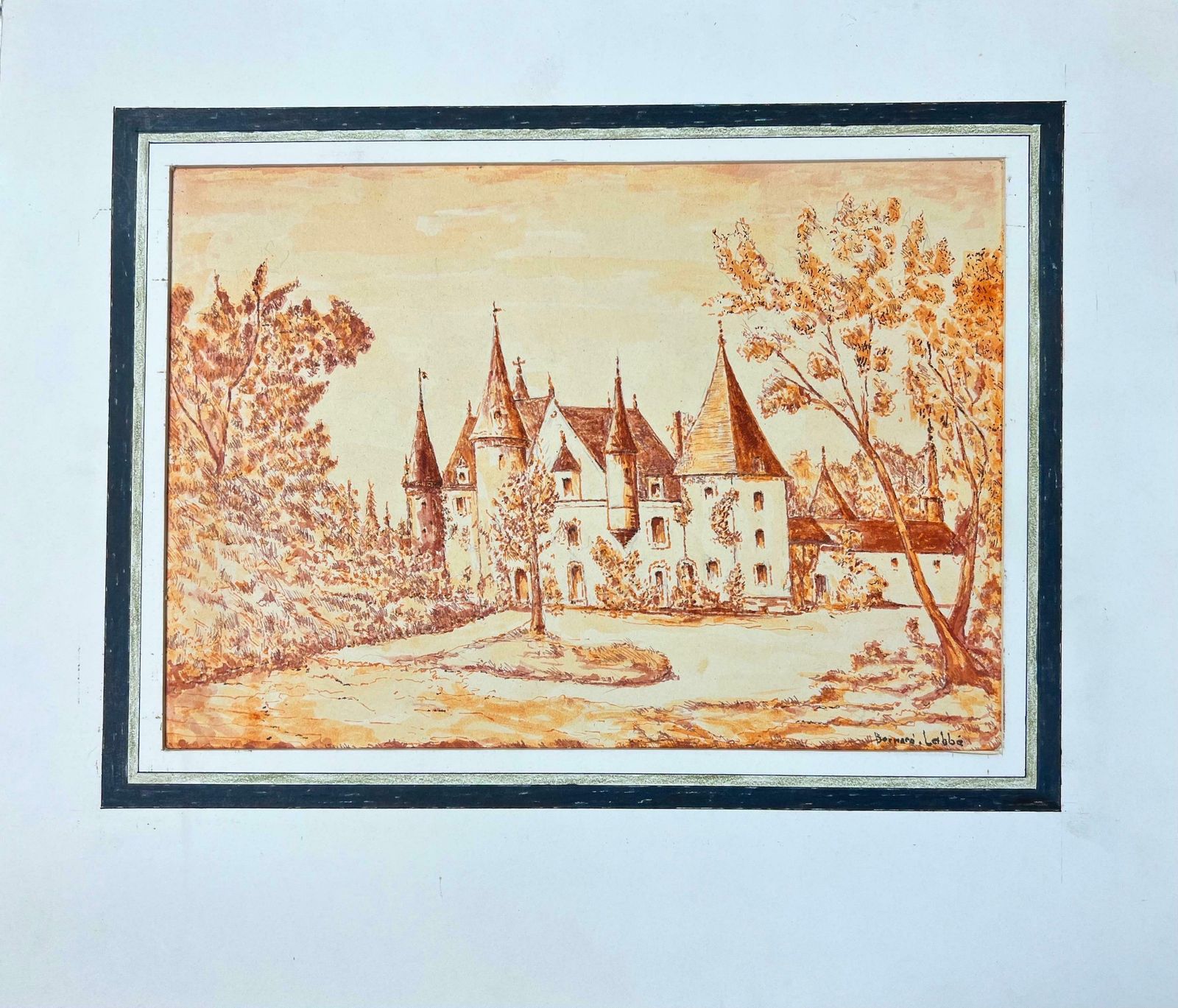 Bernard Labbe1950's Modernist/ Cubist Painting   Orange Autumnal French Chateau1950's photo furniture