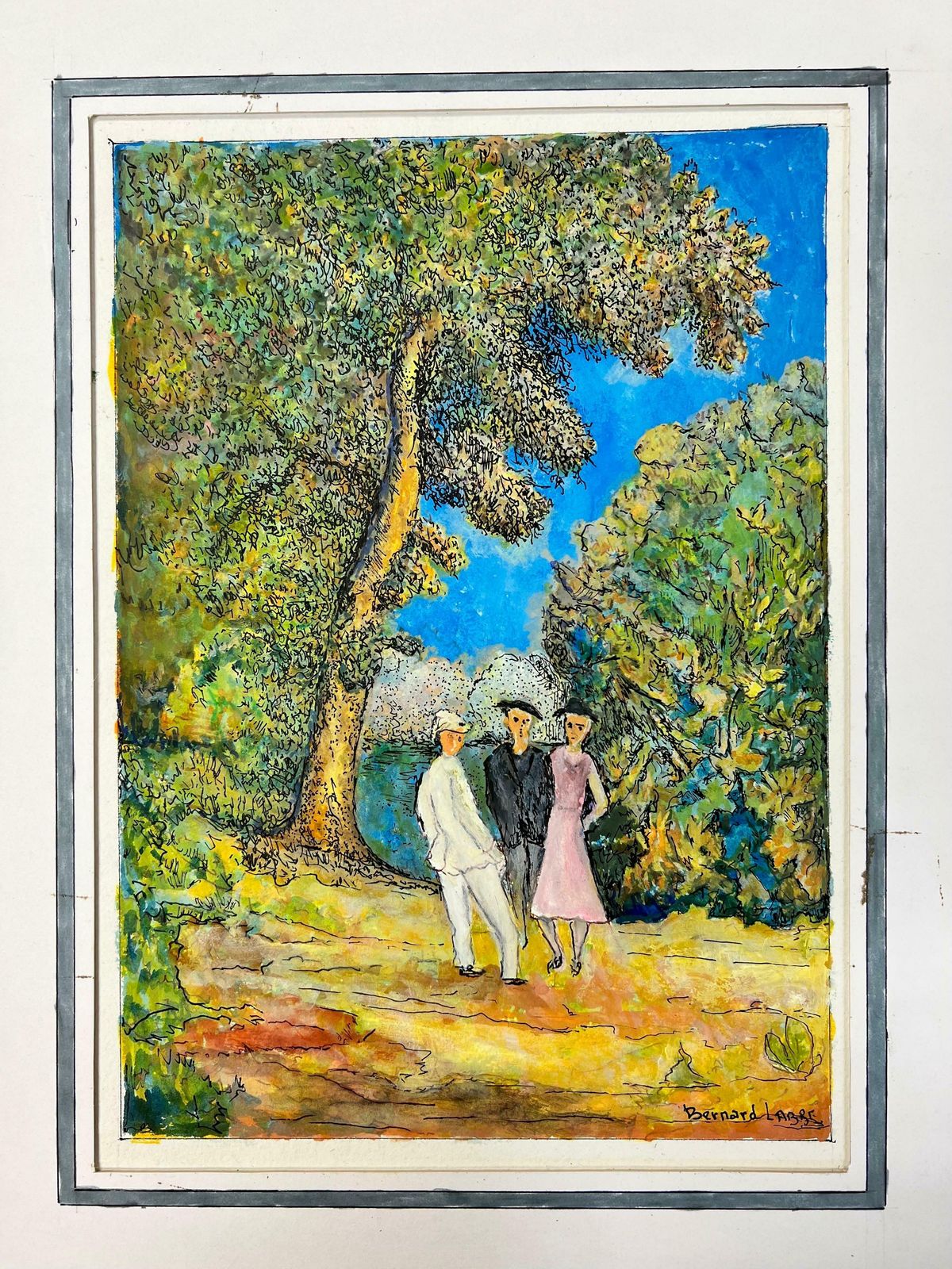 Bernard Labbe1950's Modernist/ Cubist Painting   Three Mischievous Figures In The Forest1950's