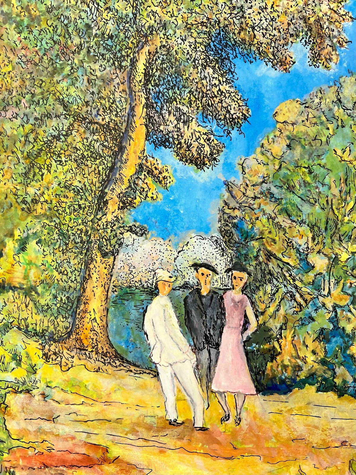 Bernard Labbe1950's Modernist/ Cubist Painting   Three Mischievous Figures In The Forest1950's photo Art