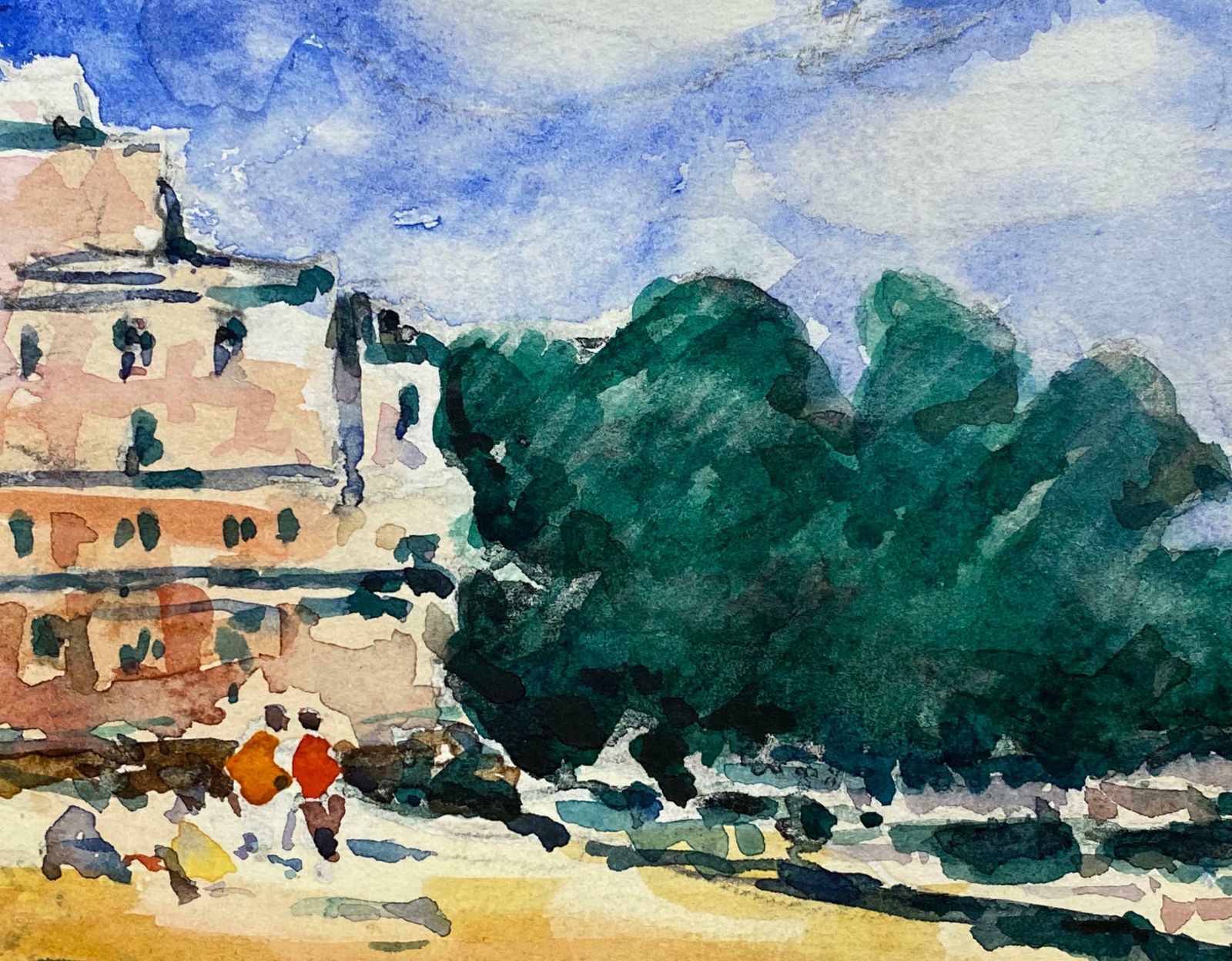 Maurice Mazeiliefrench Impressionist Watercolour   Bright Blue Summers Day Over Beach photo for sale