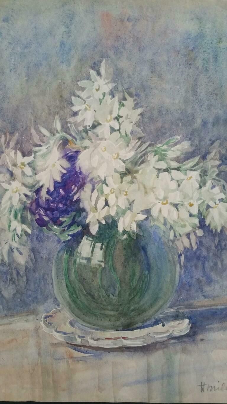 Henri Milochfrench Watercolour Ecole De Paris Mid 20th Century White Flowers 1940's