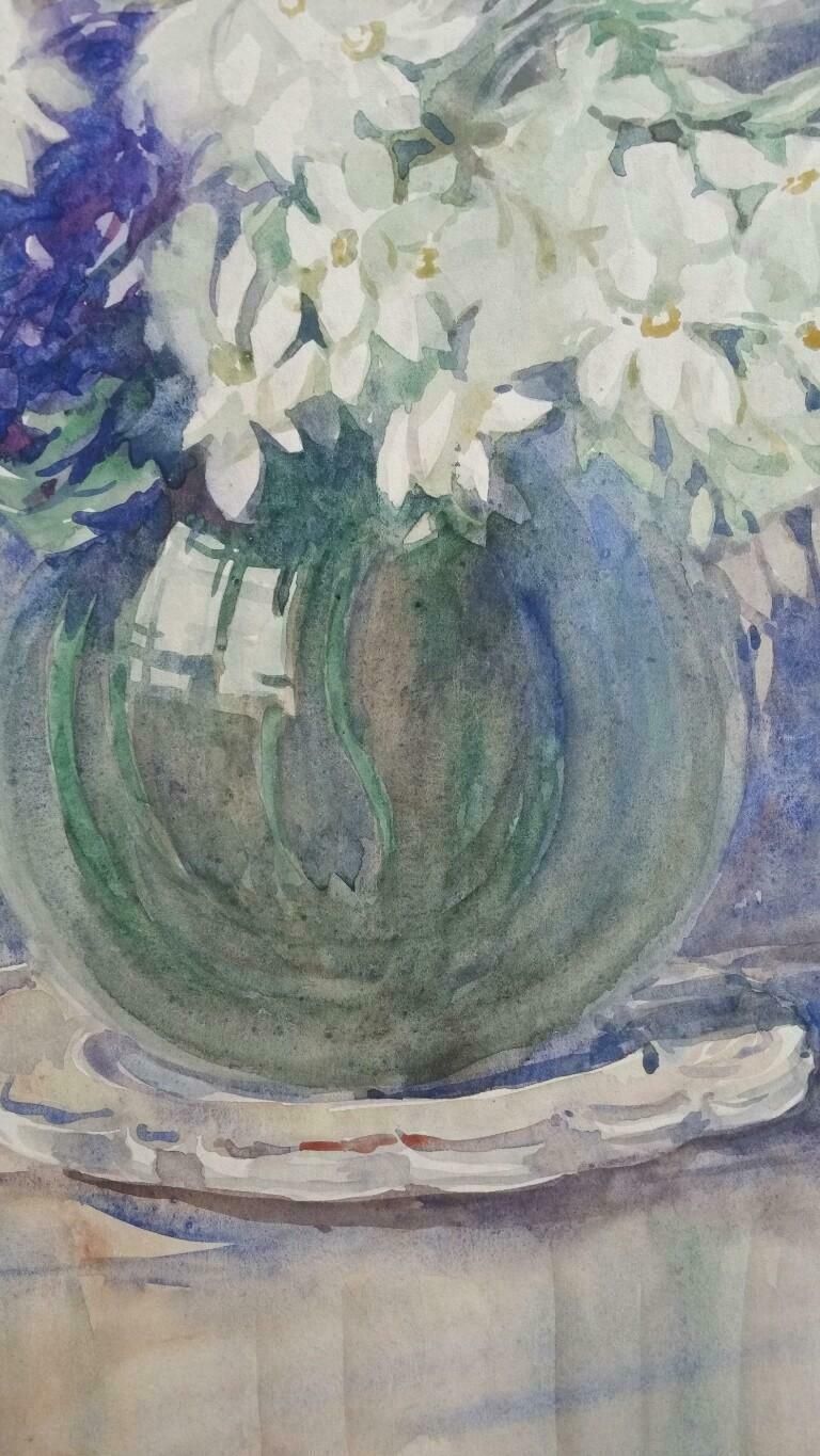 Henri Milochfrench Watercolour Ecole De Paris Mid 20th Century White Flowers 1940's photo for sale