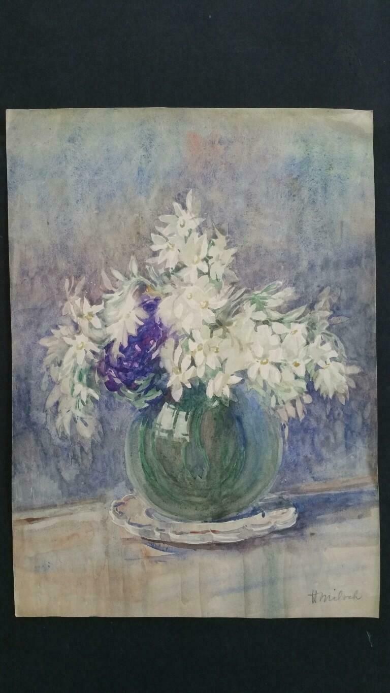photo furniture Henri Milochfrench Watercolour Ecole De Paris Mid 20th Century White Flowers 1940's