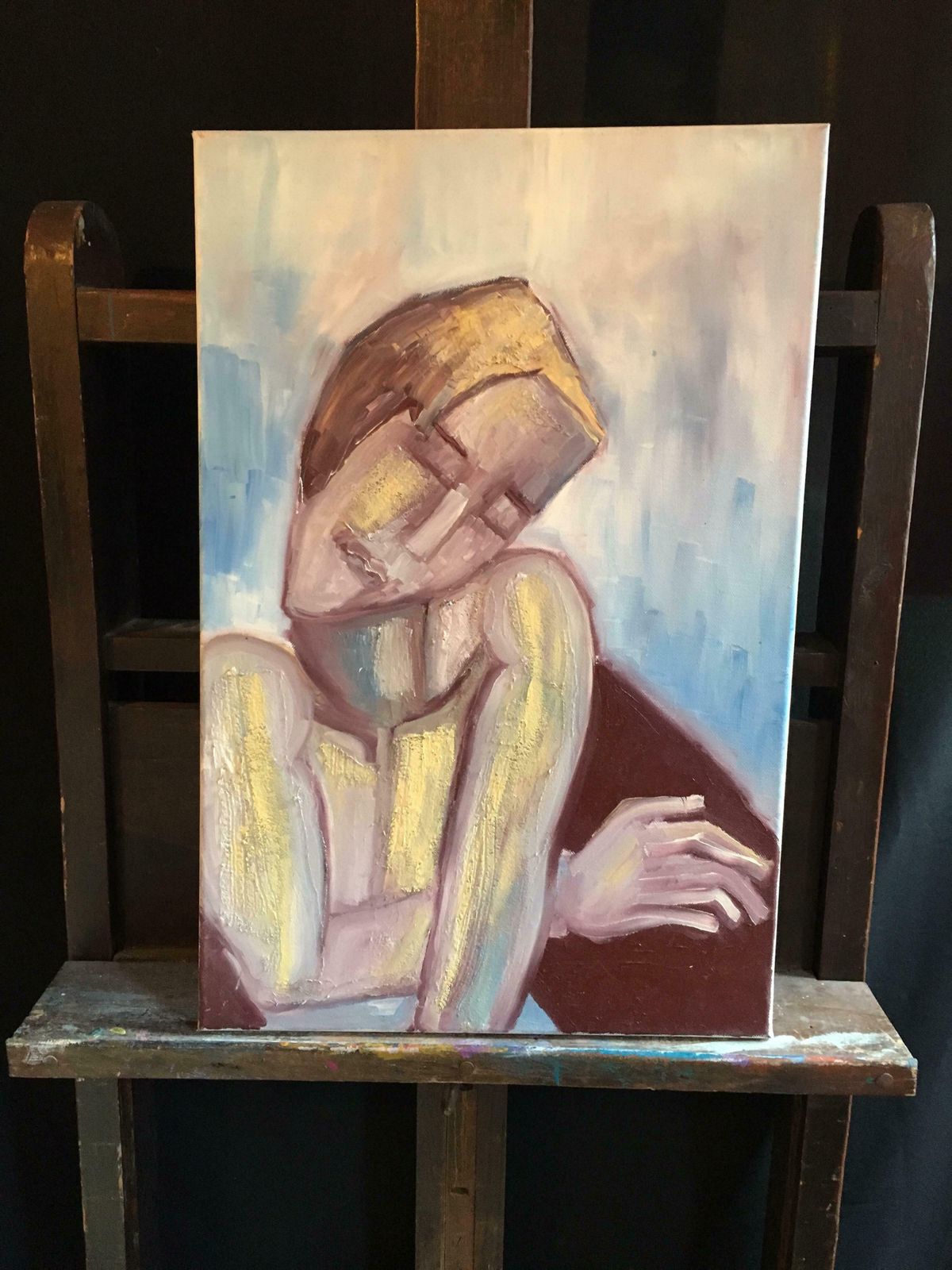 Beatrice Werliefrench Abstract Portrait Picasso Style Blue Colour Original Oil Painting C.2000 photo for sale